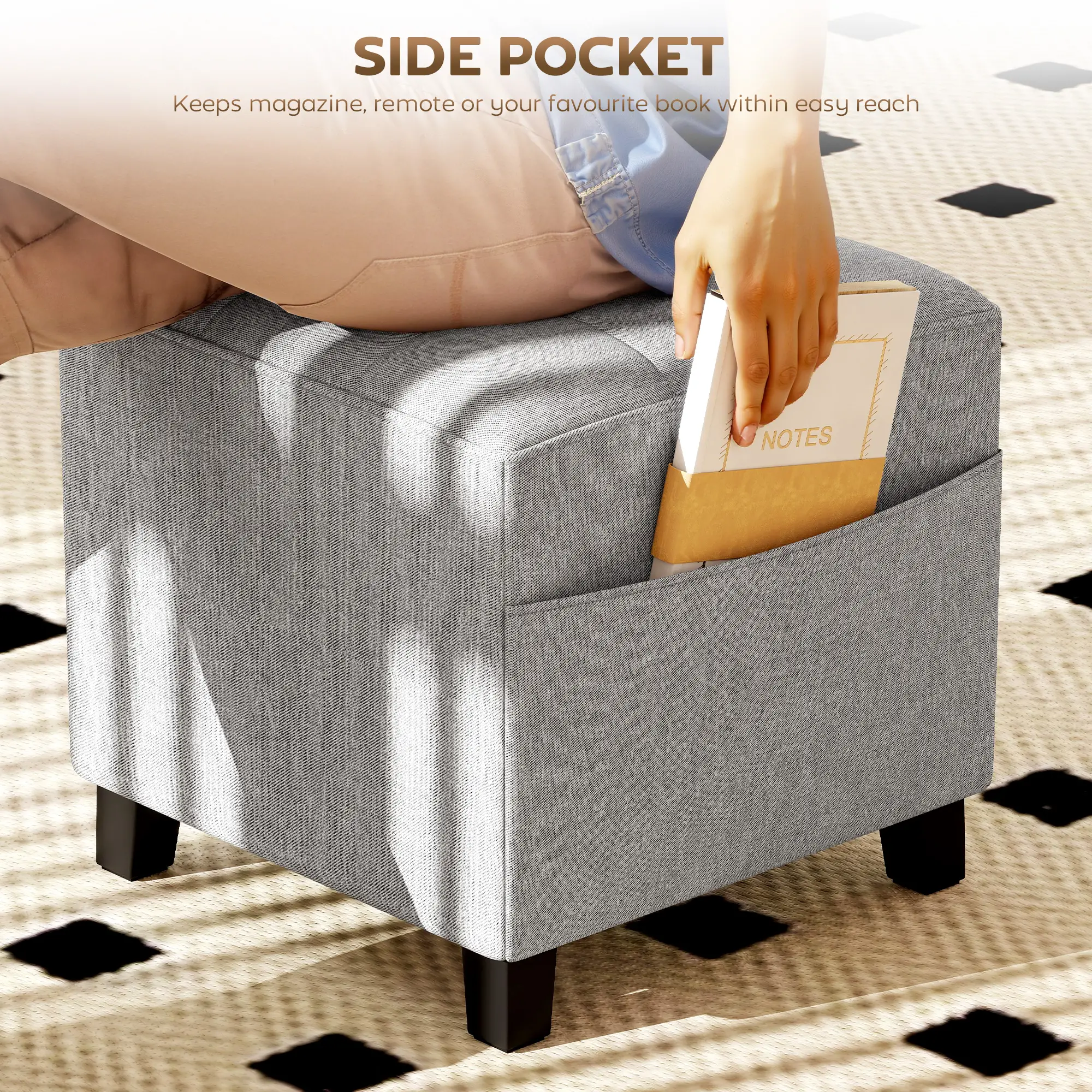 Square Linen Footstool 35 x 35 x 35cm - Light Grey - 5