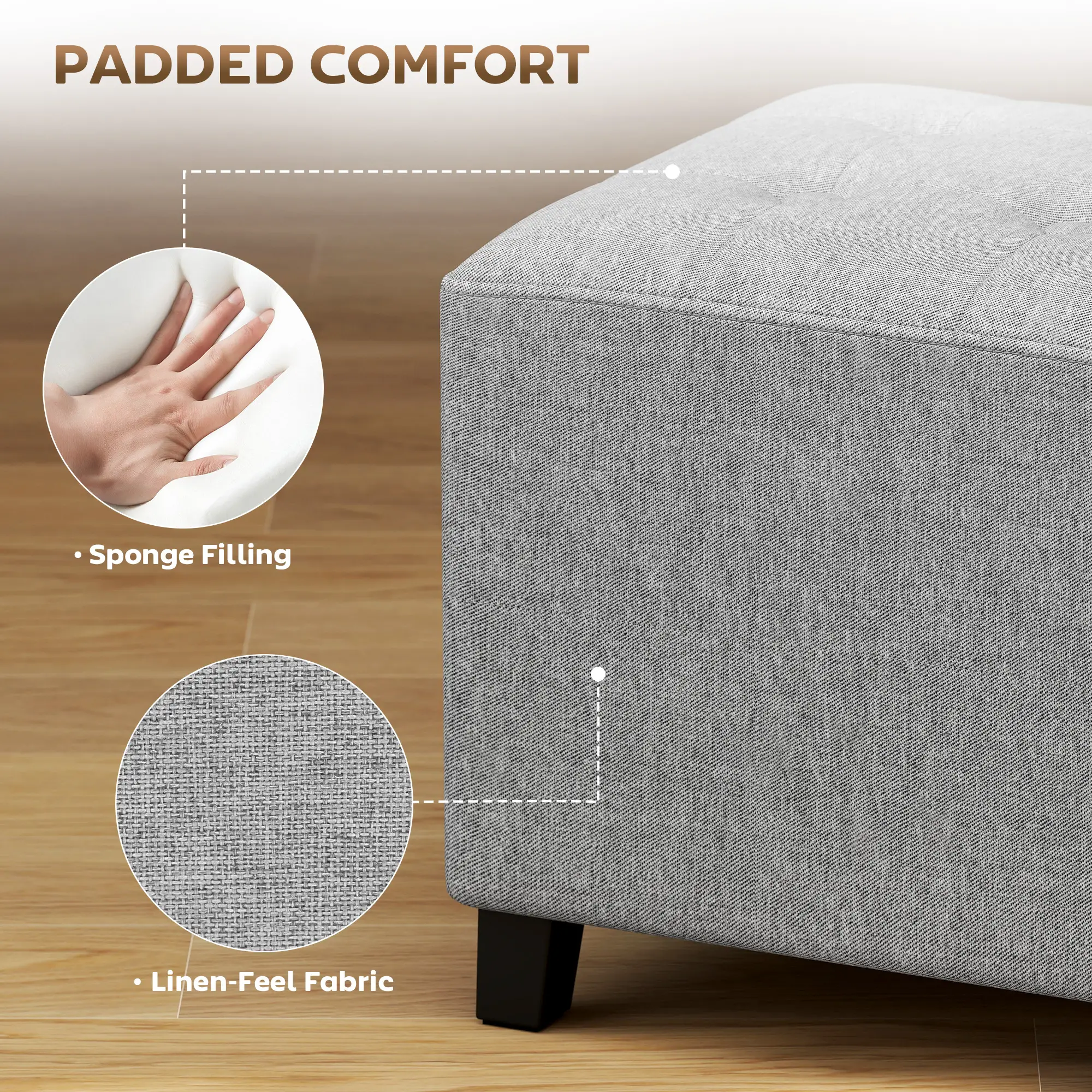 Square Linen Footstool 35 x 35 x 35cm - Light Grey - 6