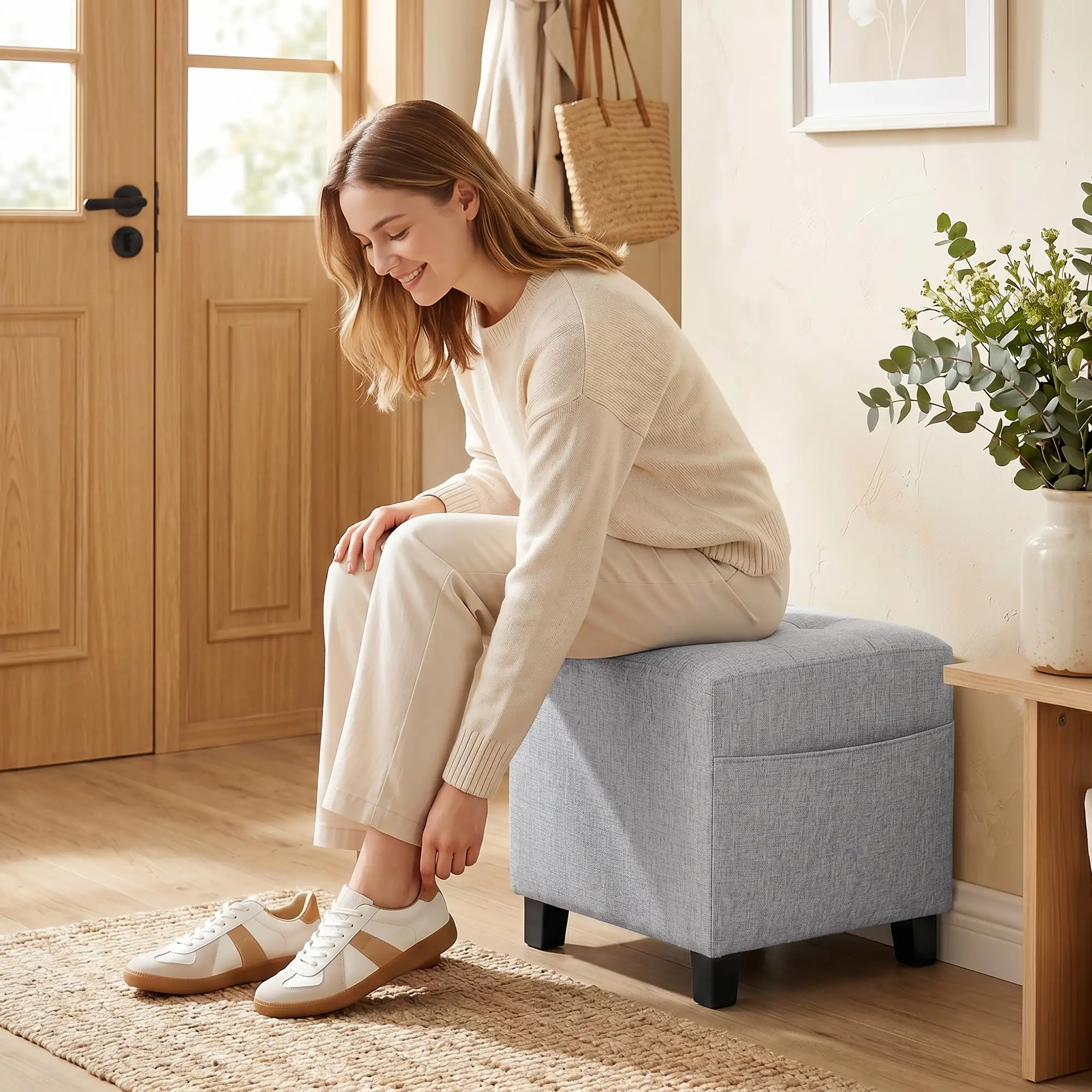 Square Linen Footstool 35 x 35 x 35cm - Light Grey - 8