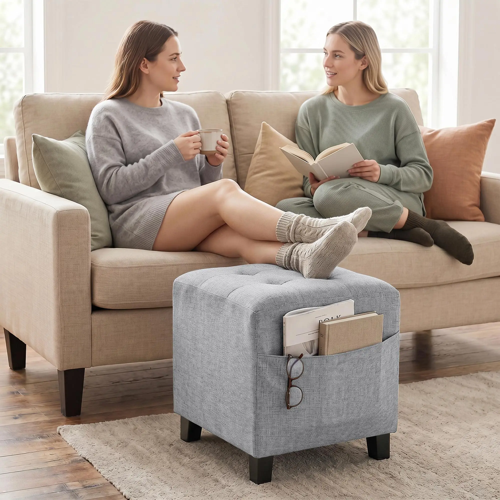 Square Linen Footstool 35 x 35 x 35cm - Light Grey - 9