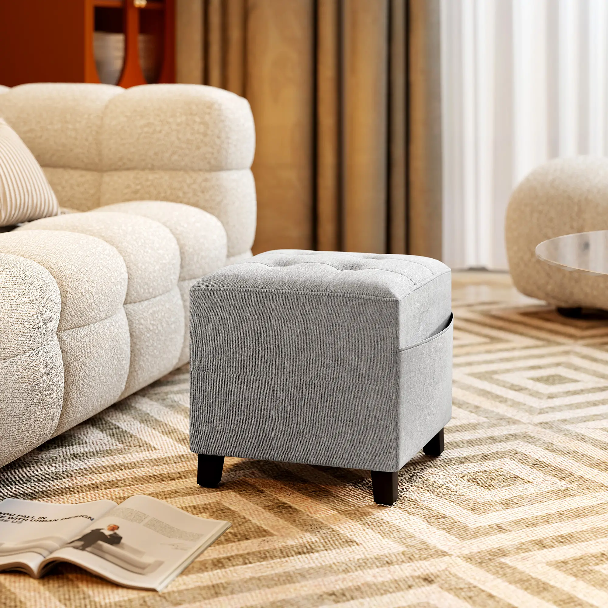 Square Linen Footstool 35 x 35 x 35cm - Light Grey - 14