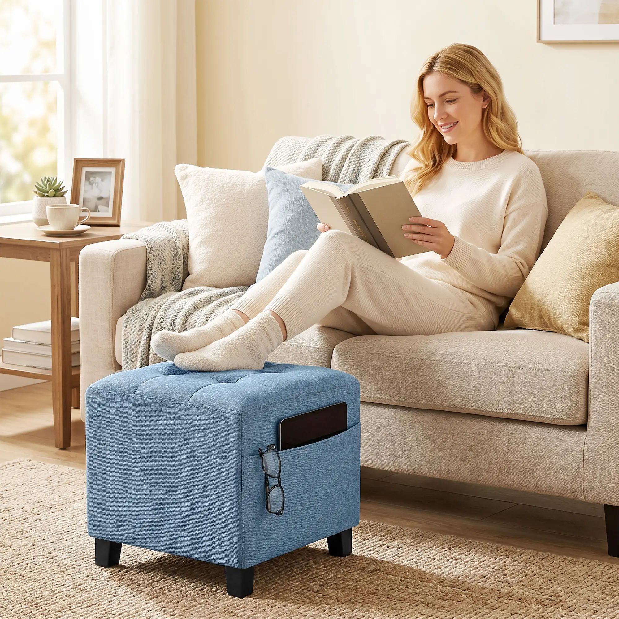 Square Linen Footstool 35 x 35 x 35cm - Dark Blue - 2