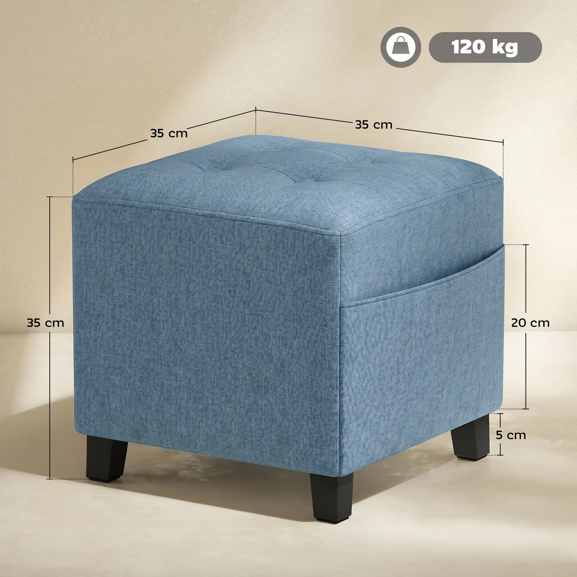 Square Linen Footstool 35 x 35 x 35cm - Dark Blue - 3