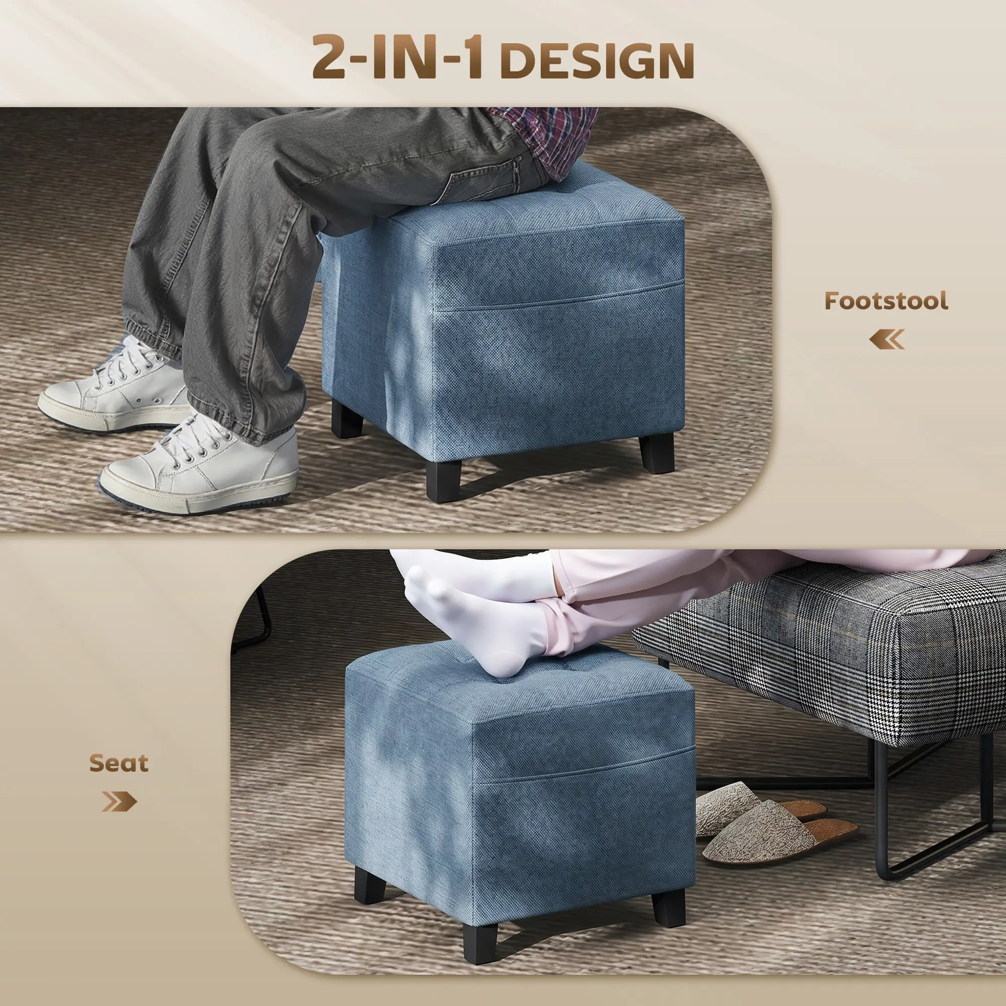 Square Linen Footstool 35 x 35 x 35cm - Dark Blue - 4