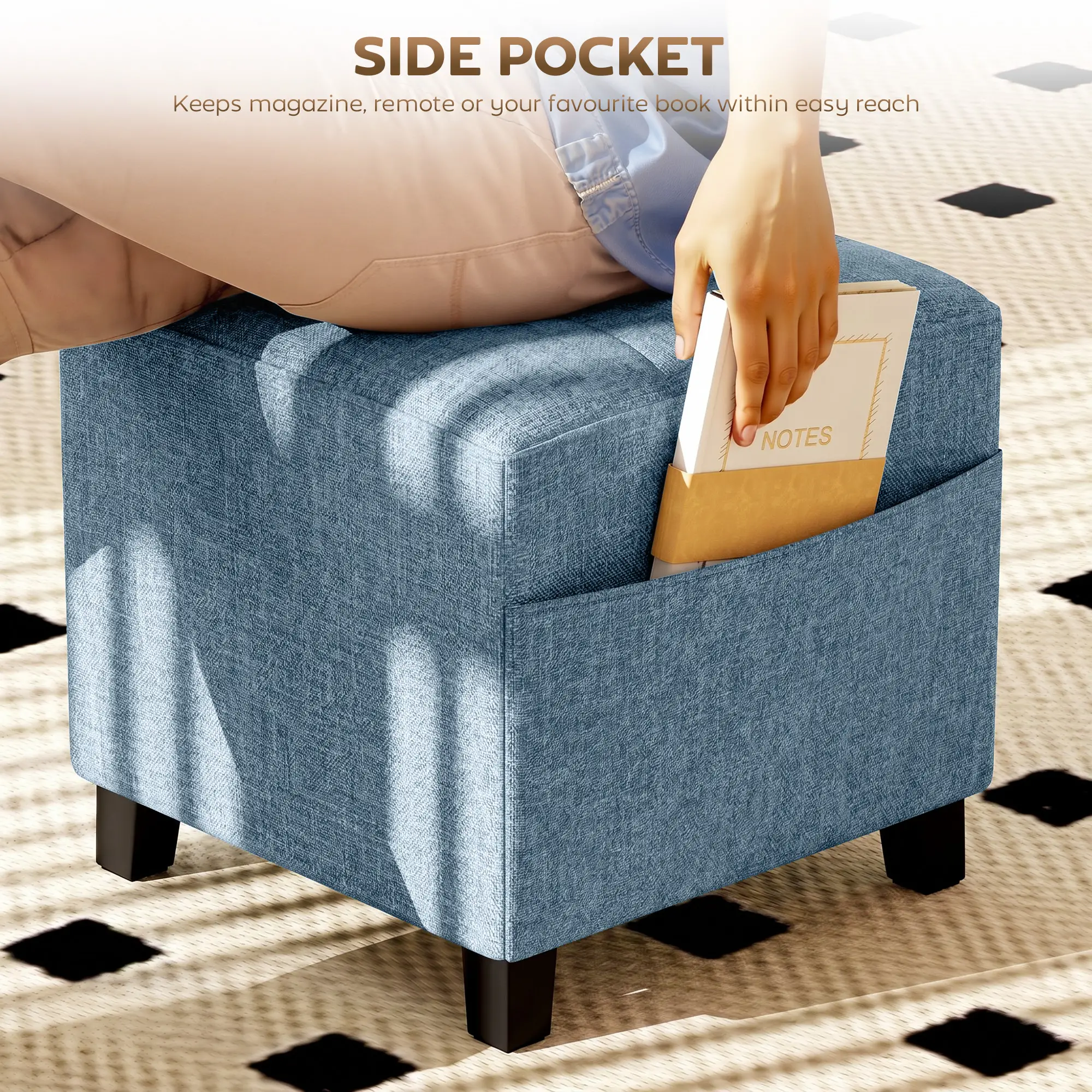 Square Linen Footstool 35 x 35 x 35cm - Dark Blue - 5