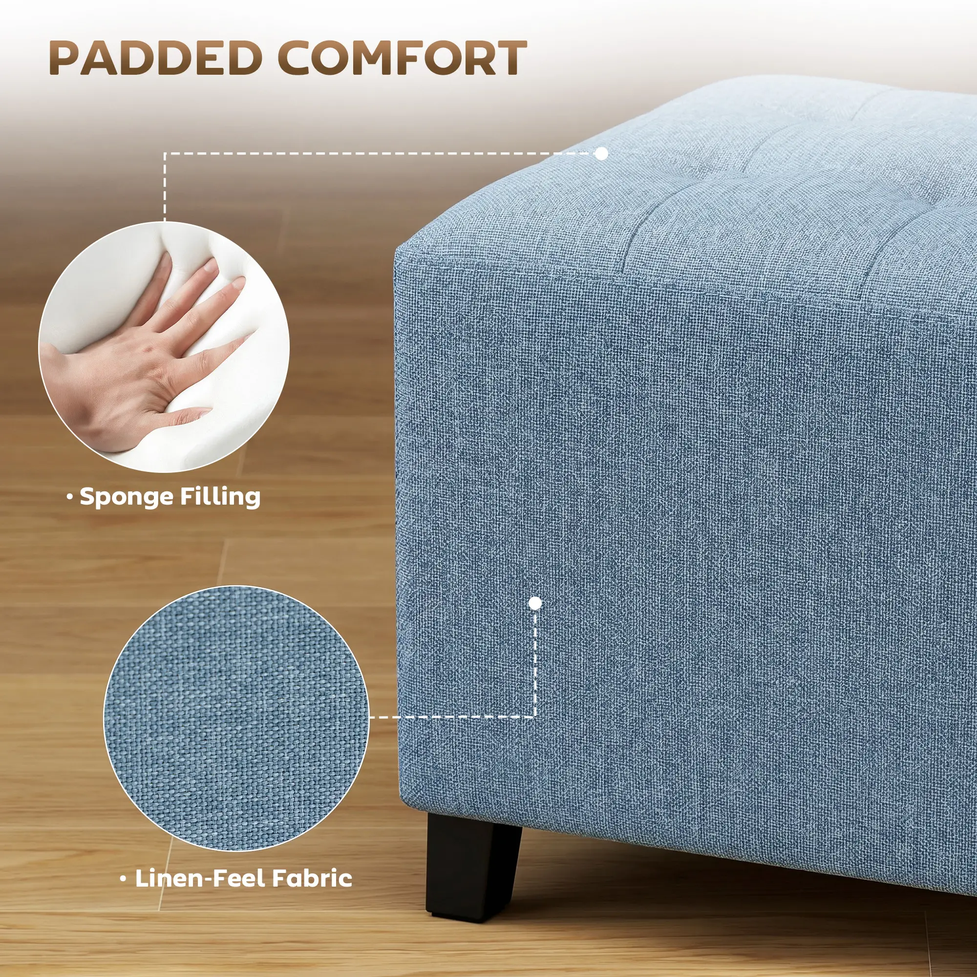 Square Linen Footstool 35 x 35 x 35cm - Dark Blue - 6