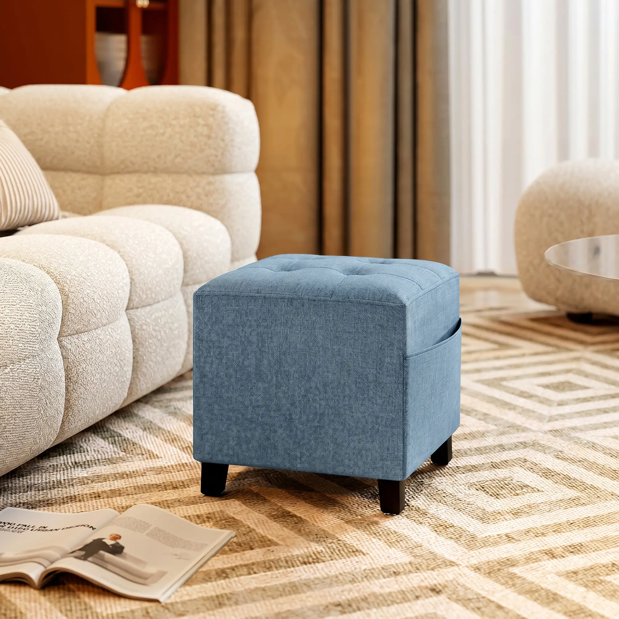 Square Linen Footstool 35 x 35 x 35cm - Dark Blue - 14