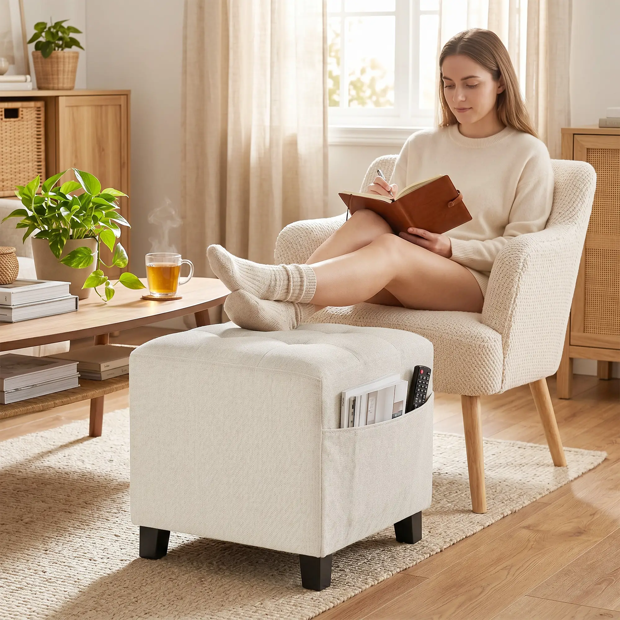 Square Linen Footstool 35 x 35 x 35cm - Beige - 2