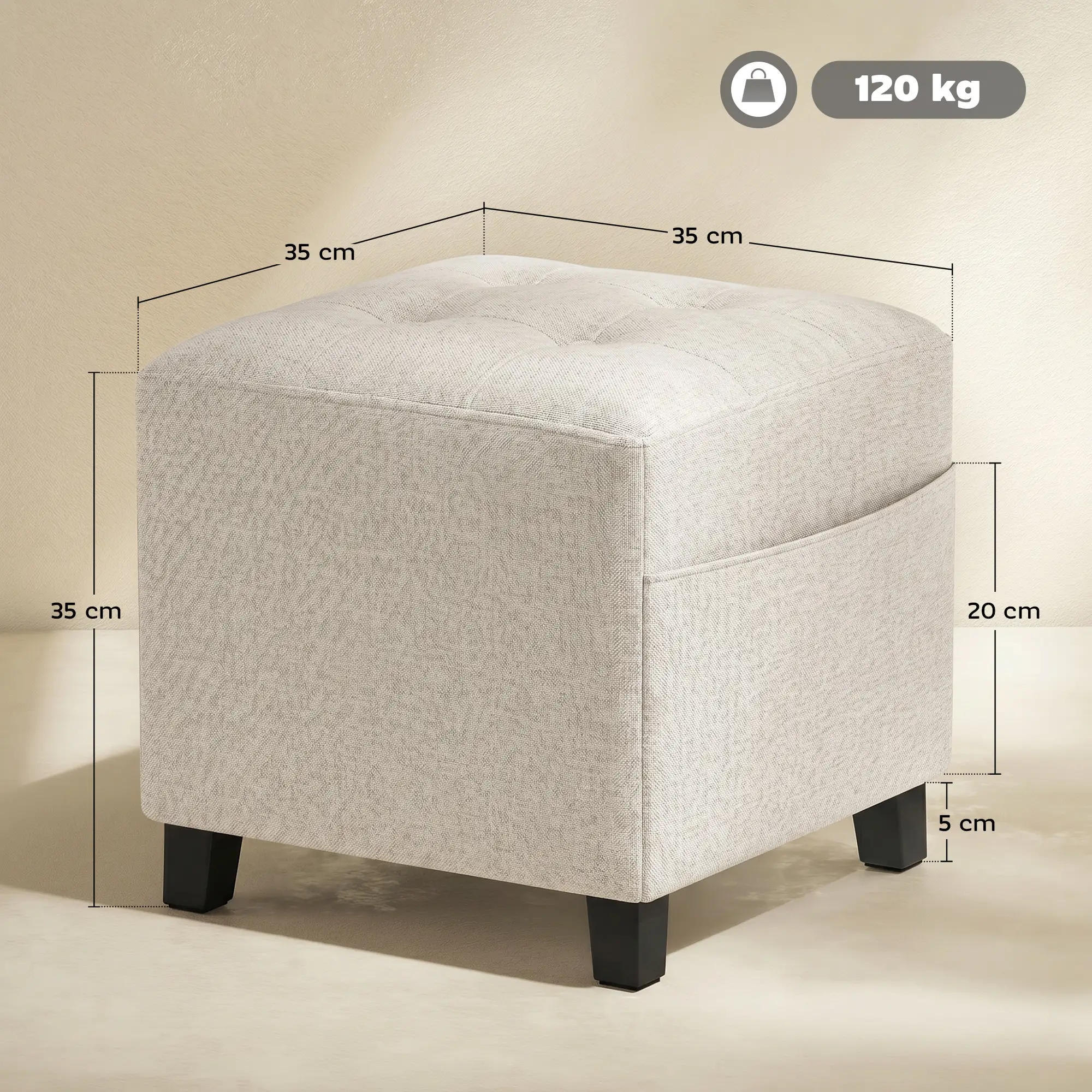 Square Linen Footstool 35 x 35 x 35cm - Beige - 3