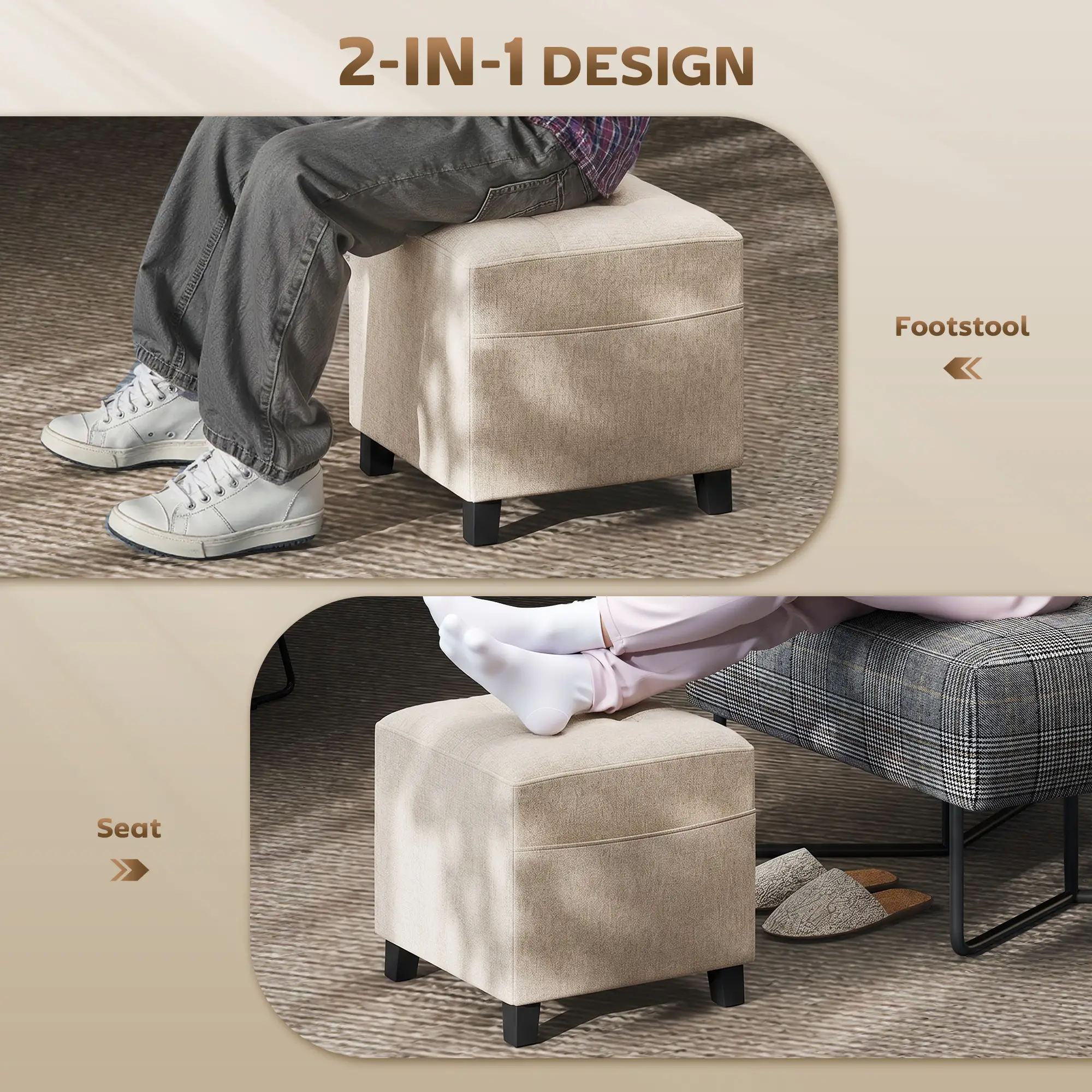 Square Linen Footstool 35 x 35 x 35cm - Beige - 4
