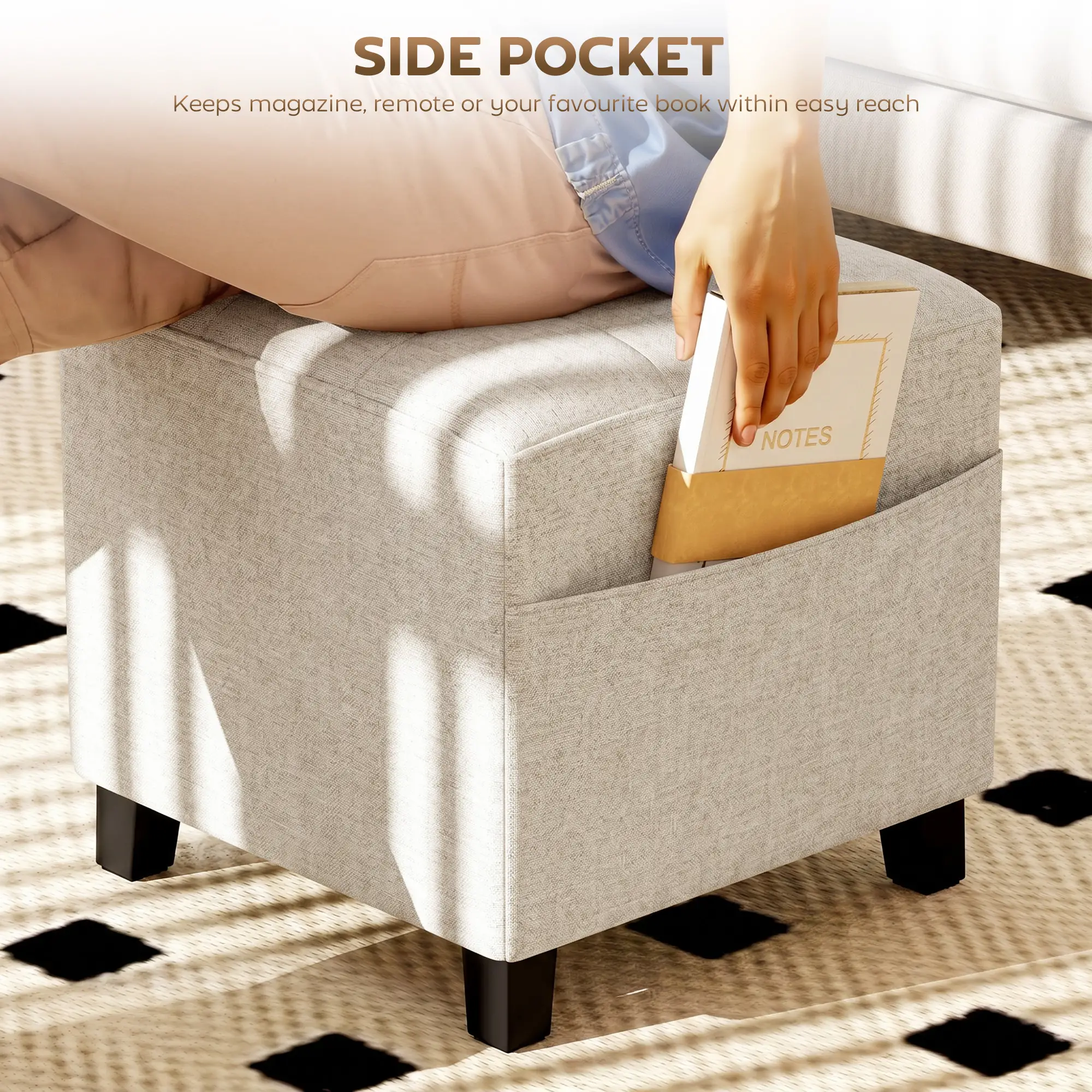 Square Linen Footstool 35 x 35 x 35cm - Beige - 5