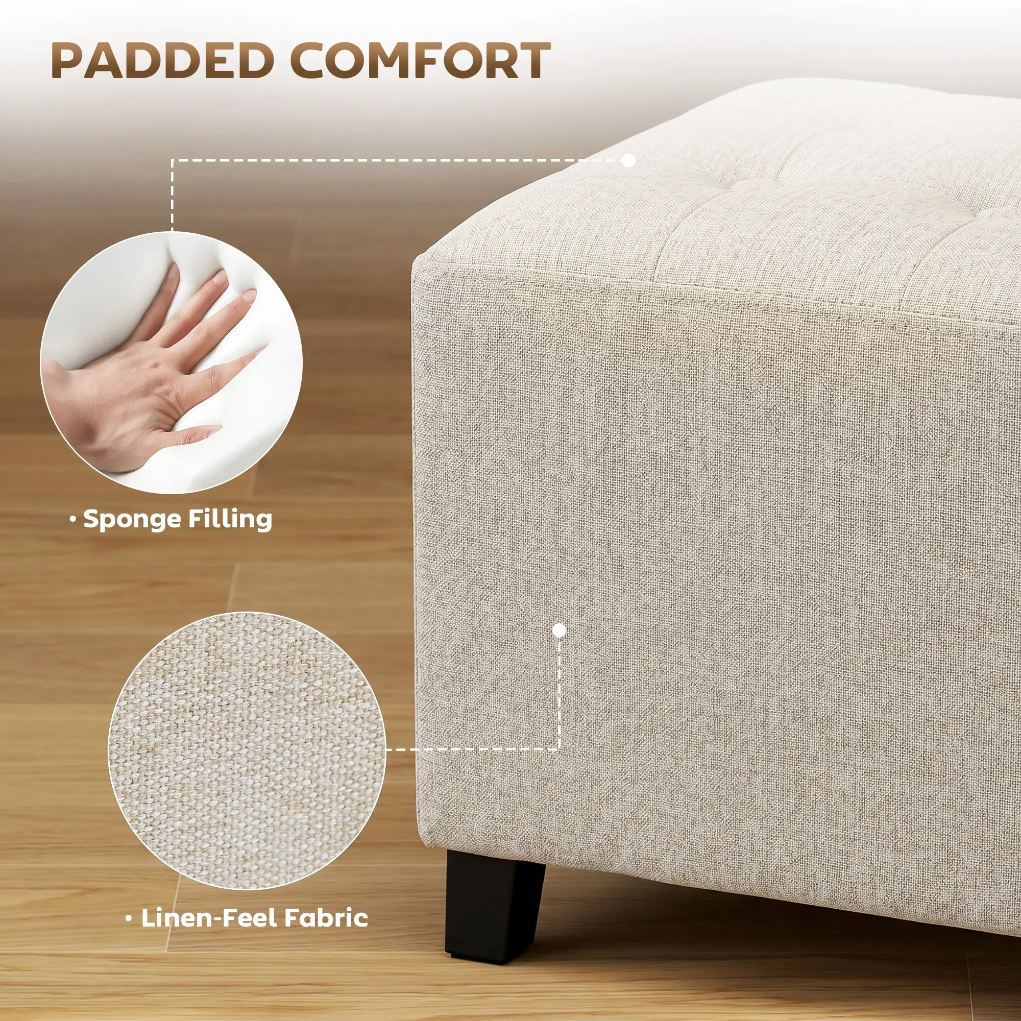 Square Linen Footstool 35 x 35 x 35cm - Beige - 6