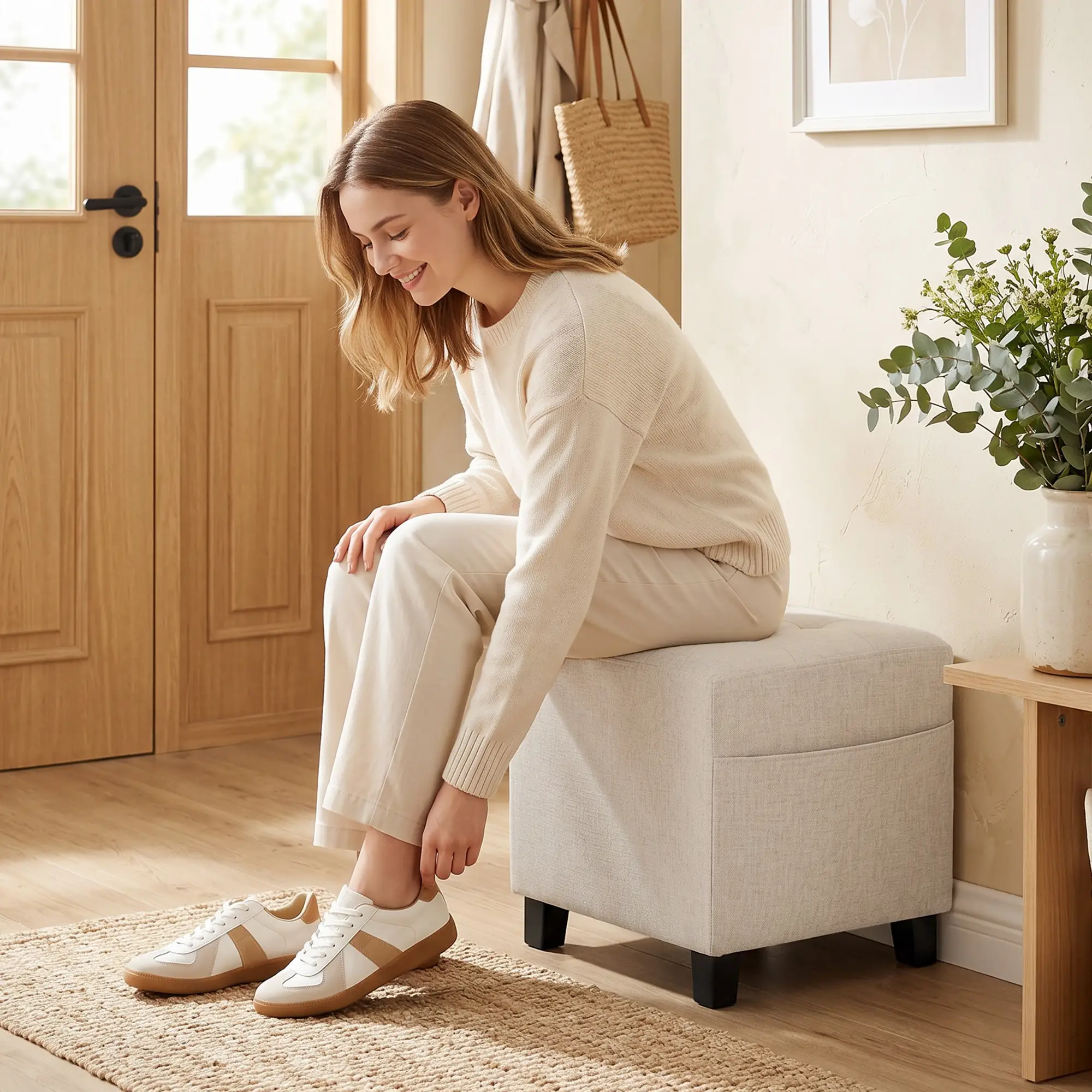 Square Linen Footstool 35 x 35 x 35cm - Beige - 8