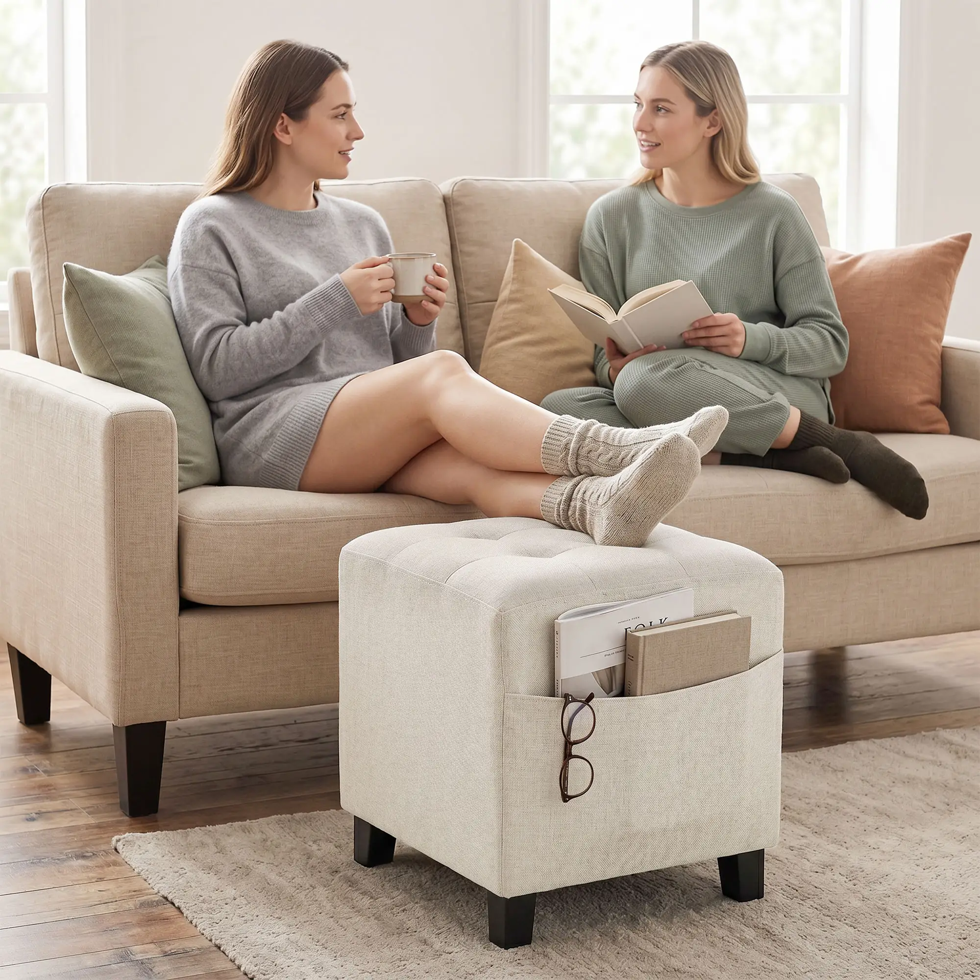 Square Linen Footstool 35 x 35 x 35cm - Beige - 9
