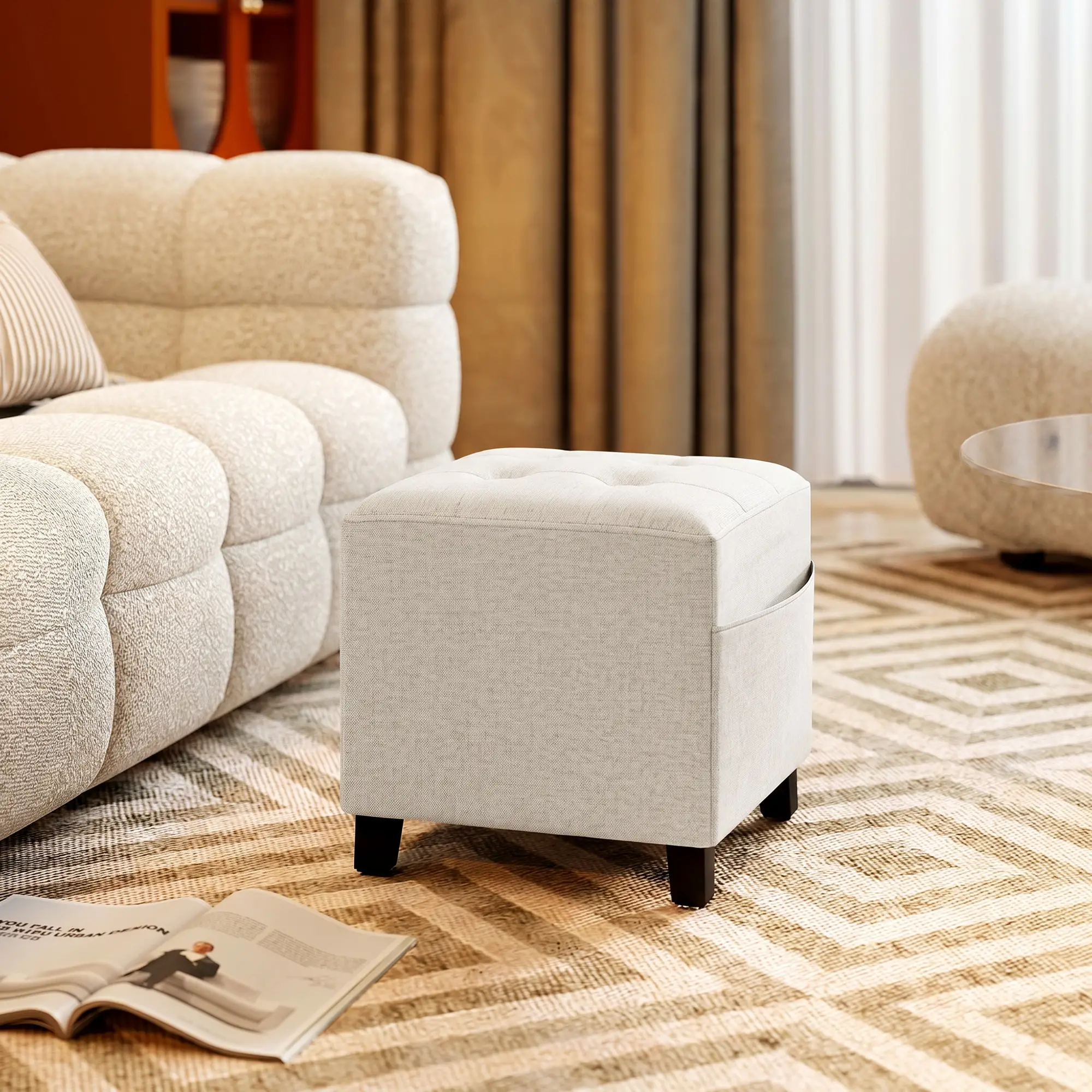 Square Linen Footstool 35 x 35 x 35cm - Beige - 14