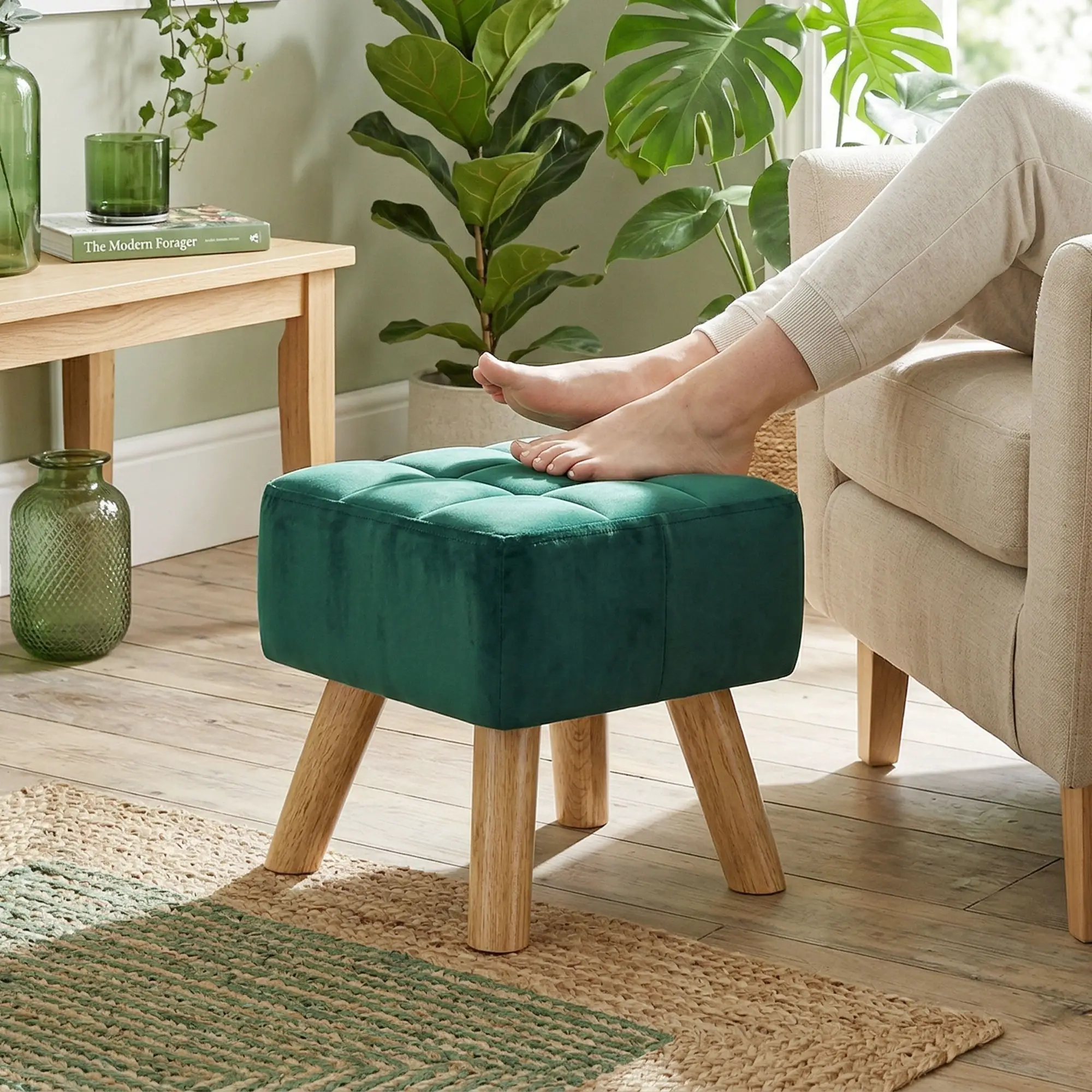 Square Velvet Footstool 27 x 27 x 26cm, Dark Green - Dark Green - 2