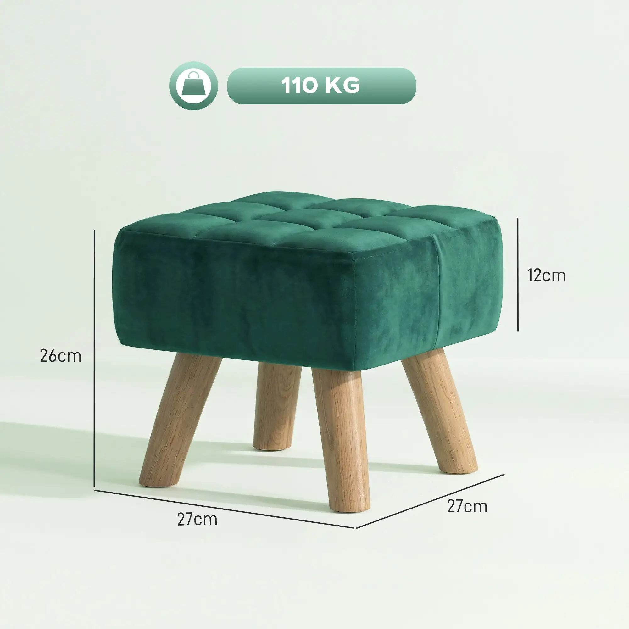 Square Velvet Footstool 27 x 27 x 26cm, Dark Green - Dark Green - 3