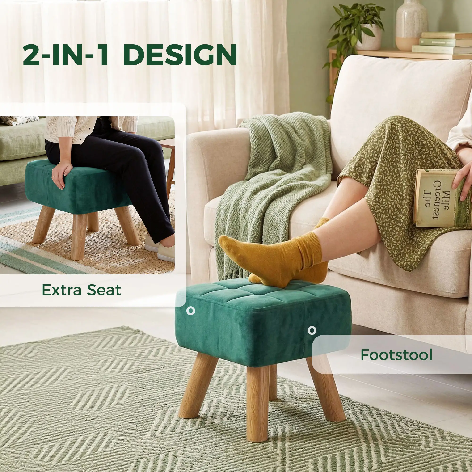 Square Velvet Footstool 27 x 27 x 26cm, Dark Green - Dark Green - 4