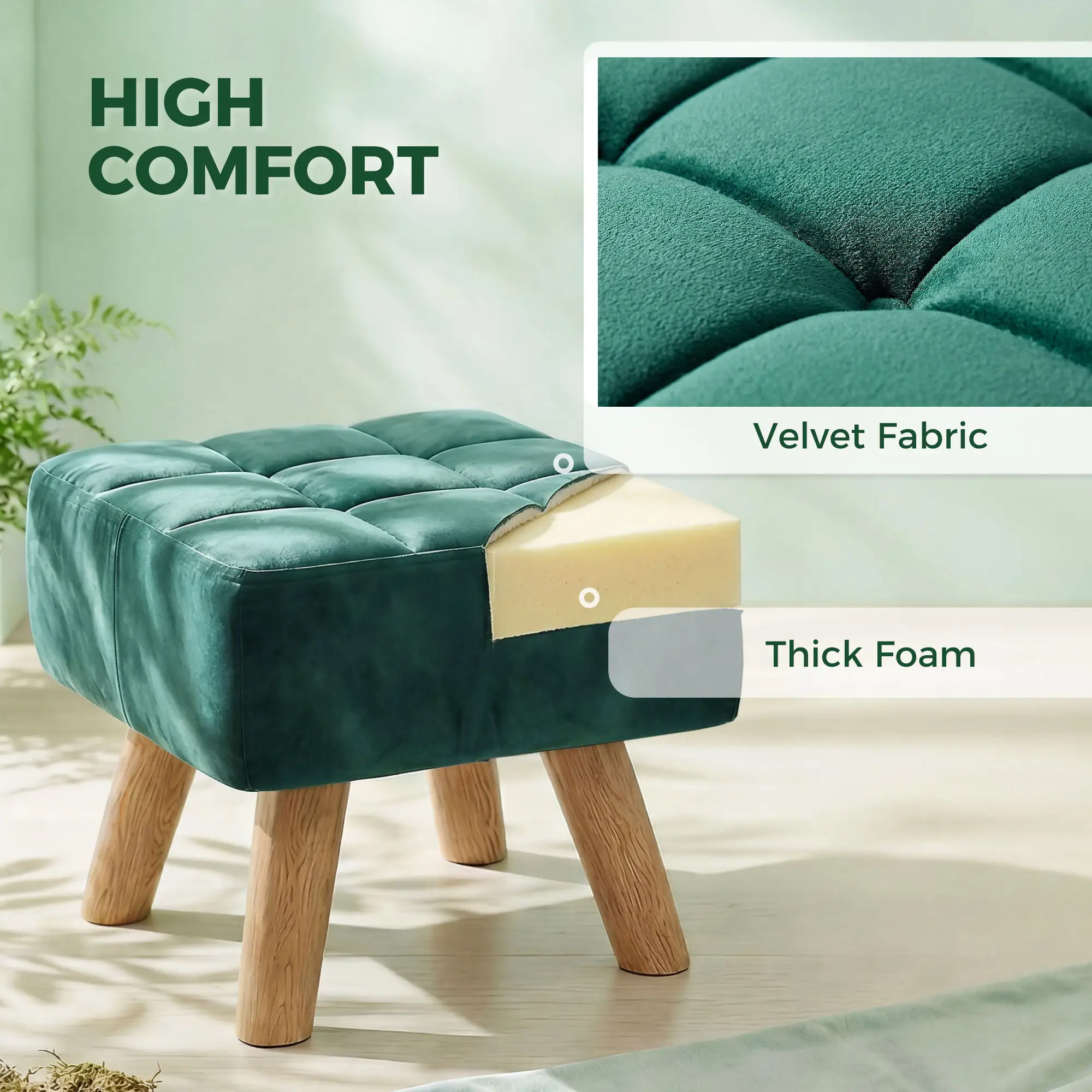 Square Velvet Footstool 27 x 27 x 26cm, Dark Green - Dark Green - 5