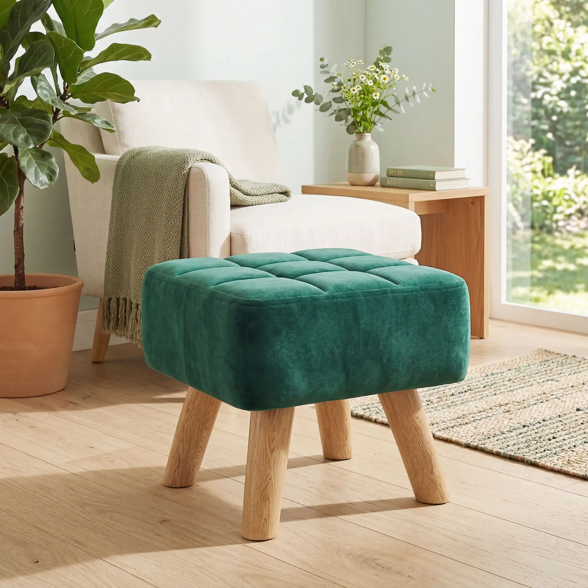 Square Velvet Footstool 27 x 27 x 26cm, Dark Green - Dark Green - 7