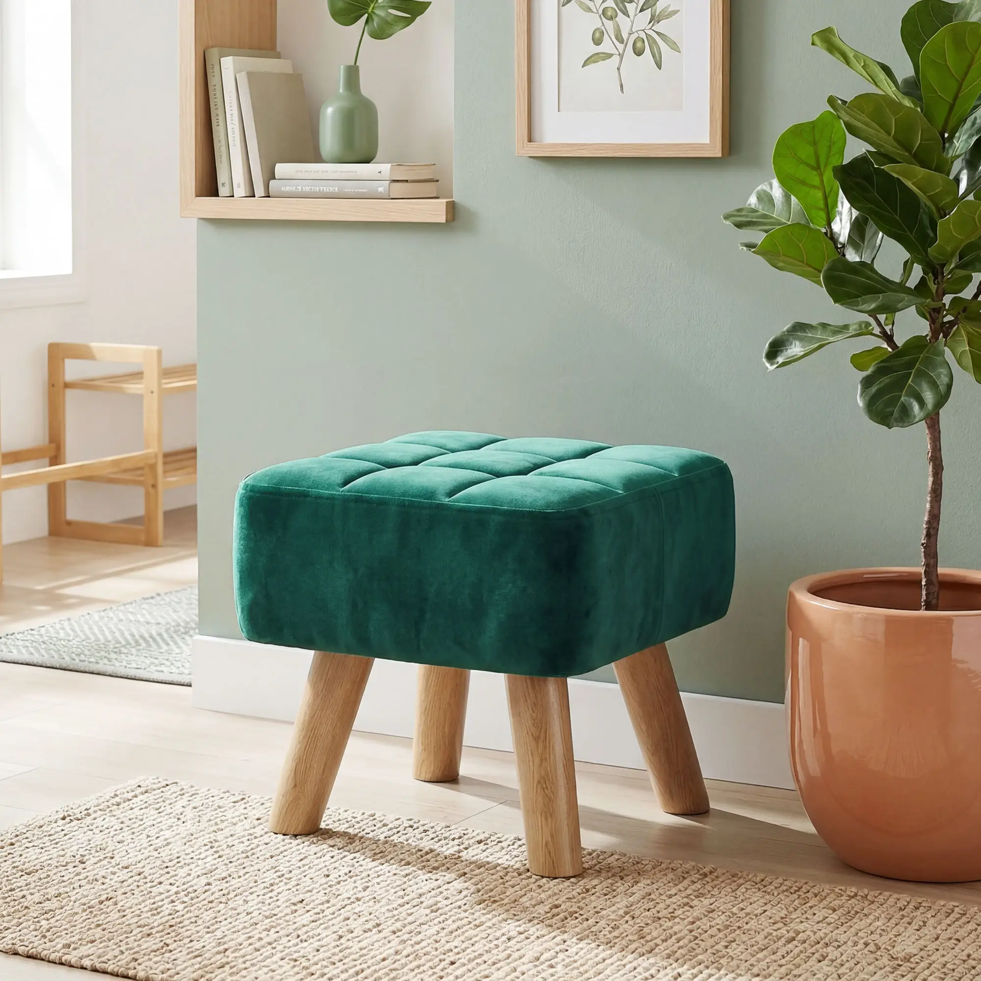Square Velvet Footstool 27 x 27 x 26cm, Dark Green - Dark Green - 8