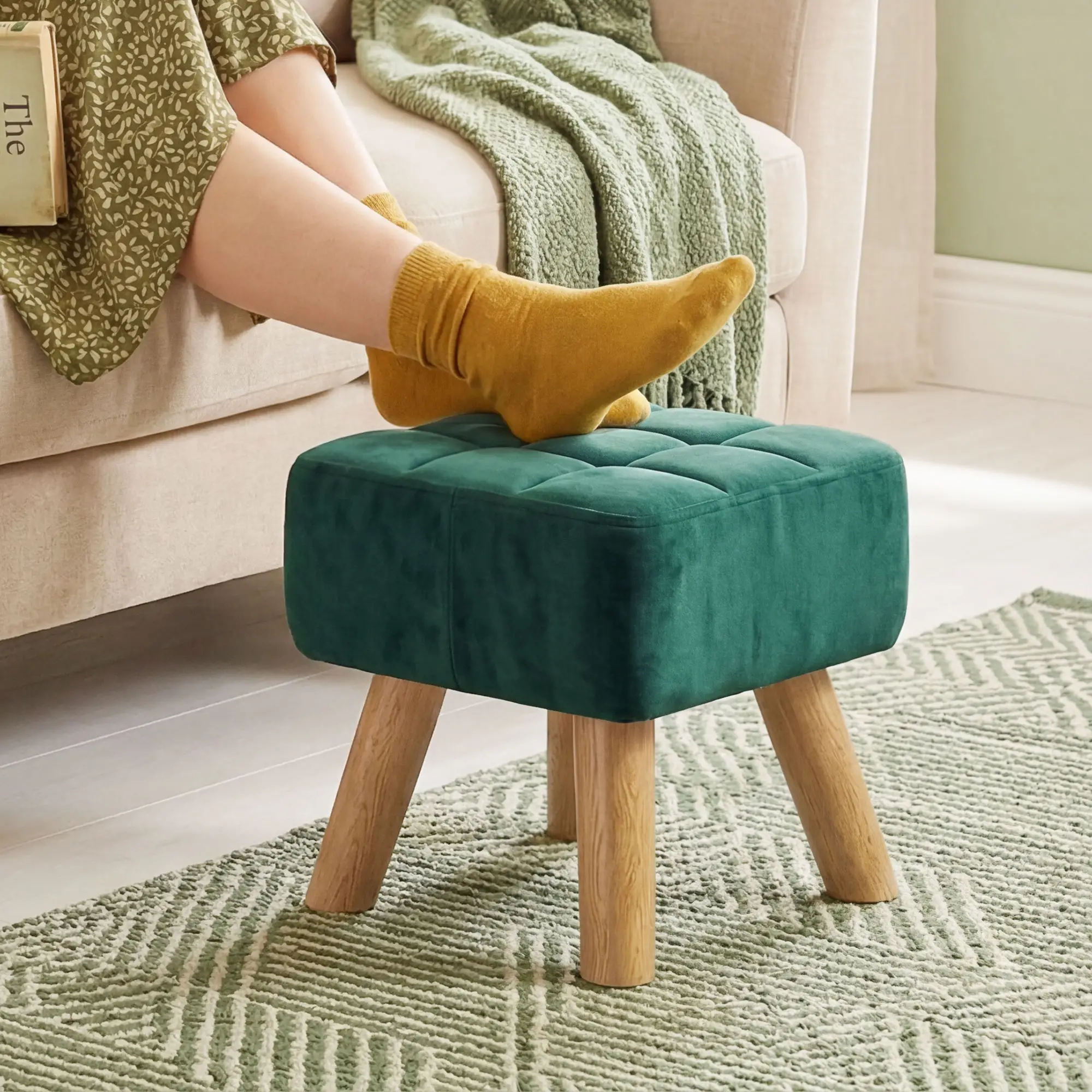 Square Velvet Footstool 27 x 27 x 26cm, Dark Green - Dark Green - 10