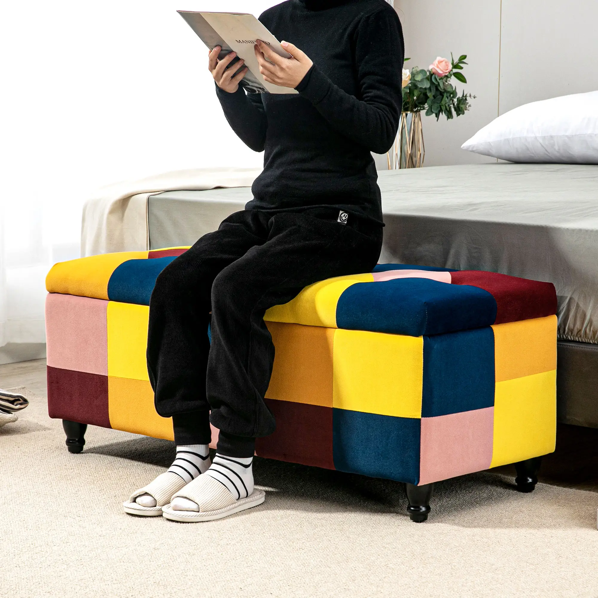 Velvet Storage Ottoman Bench 114 x 47 x 47cm - Multicoloured - 7