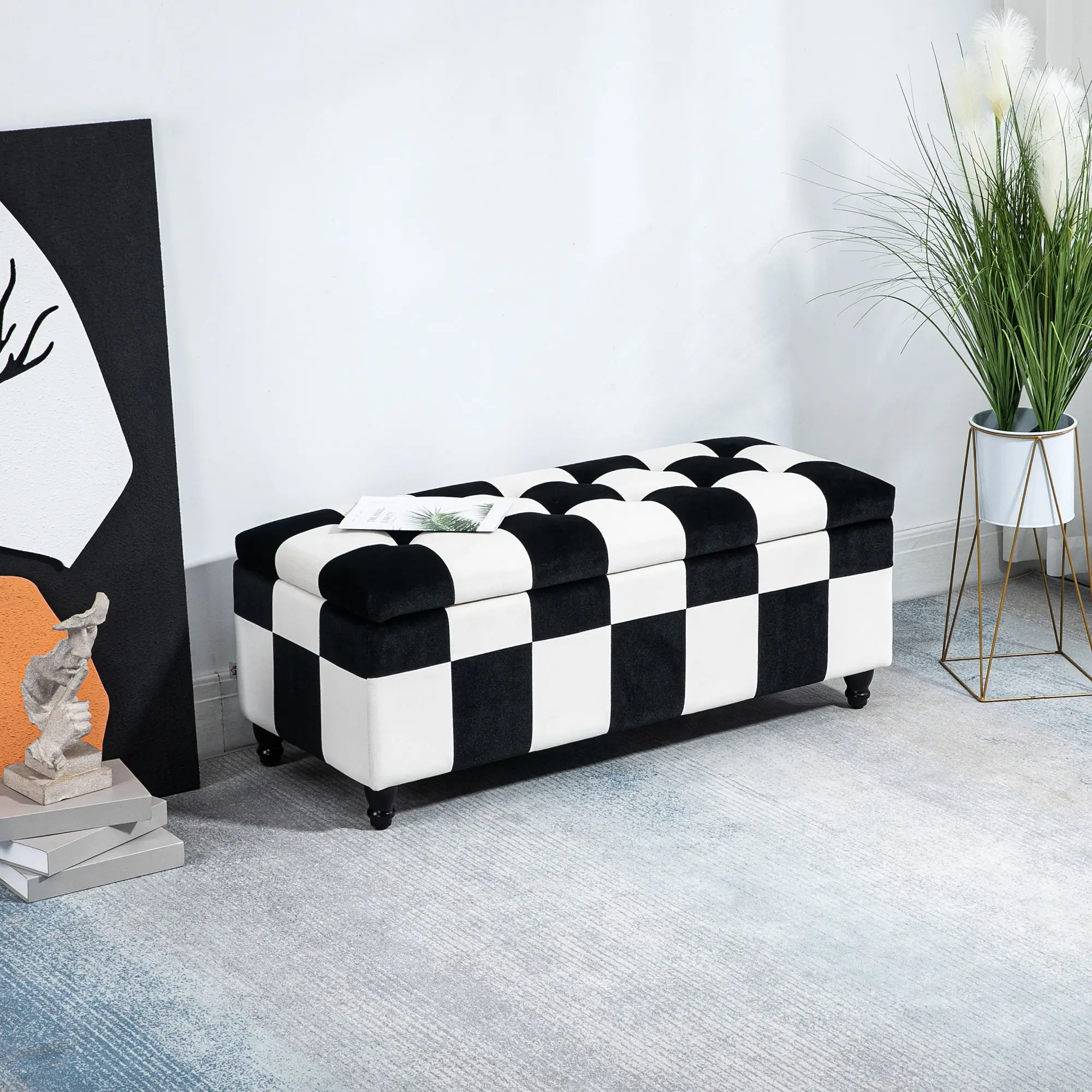 Velvet Storage Ottoman Bench 114 x 47 x 47cm - White, Black - 2