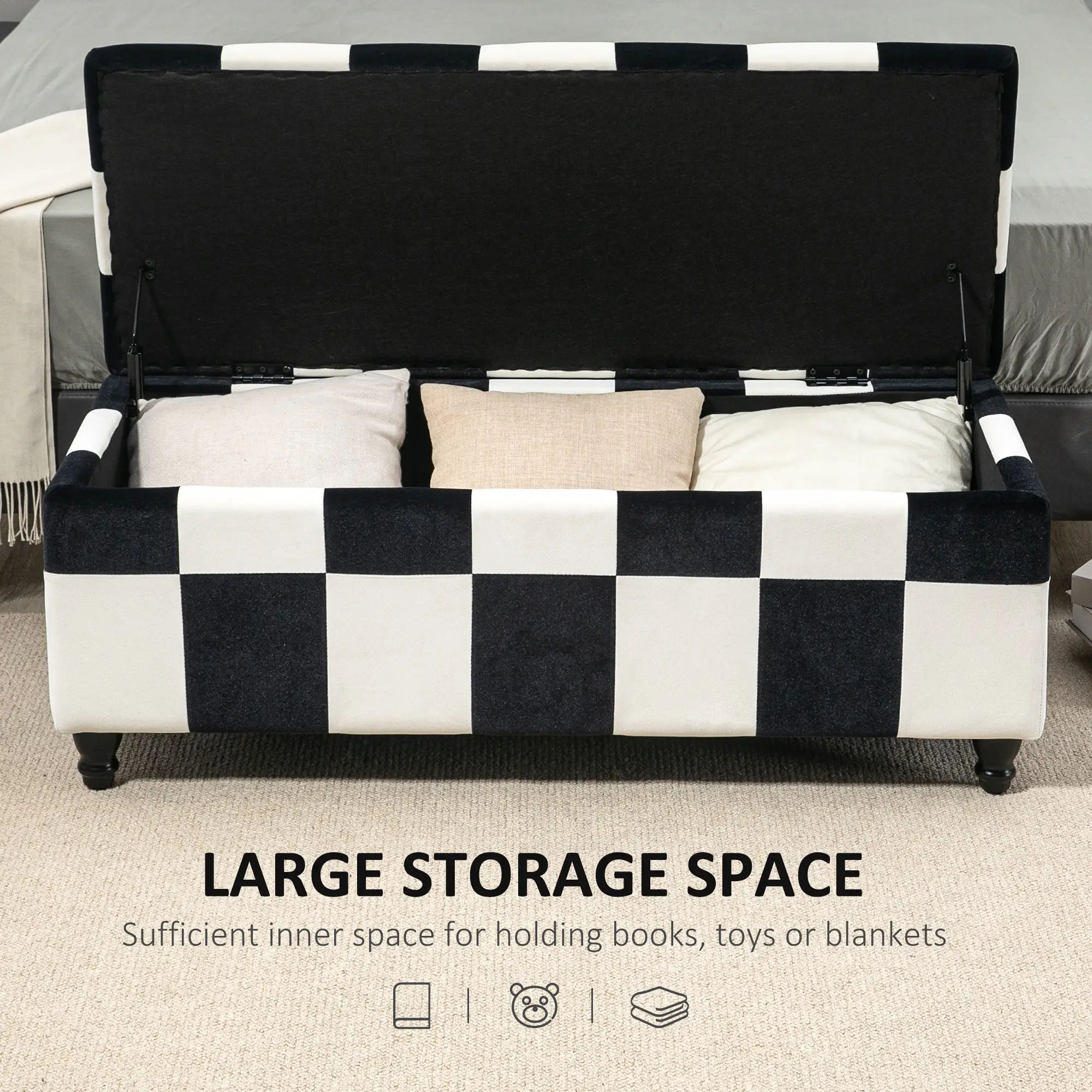Velvet Storage Ottoman Bench 114 x 47 x 47cm - White, Black - 4