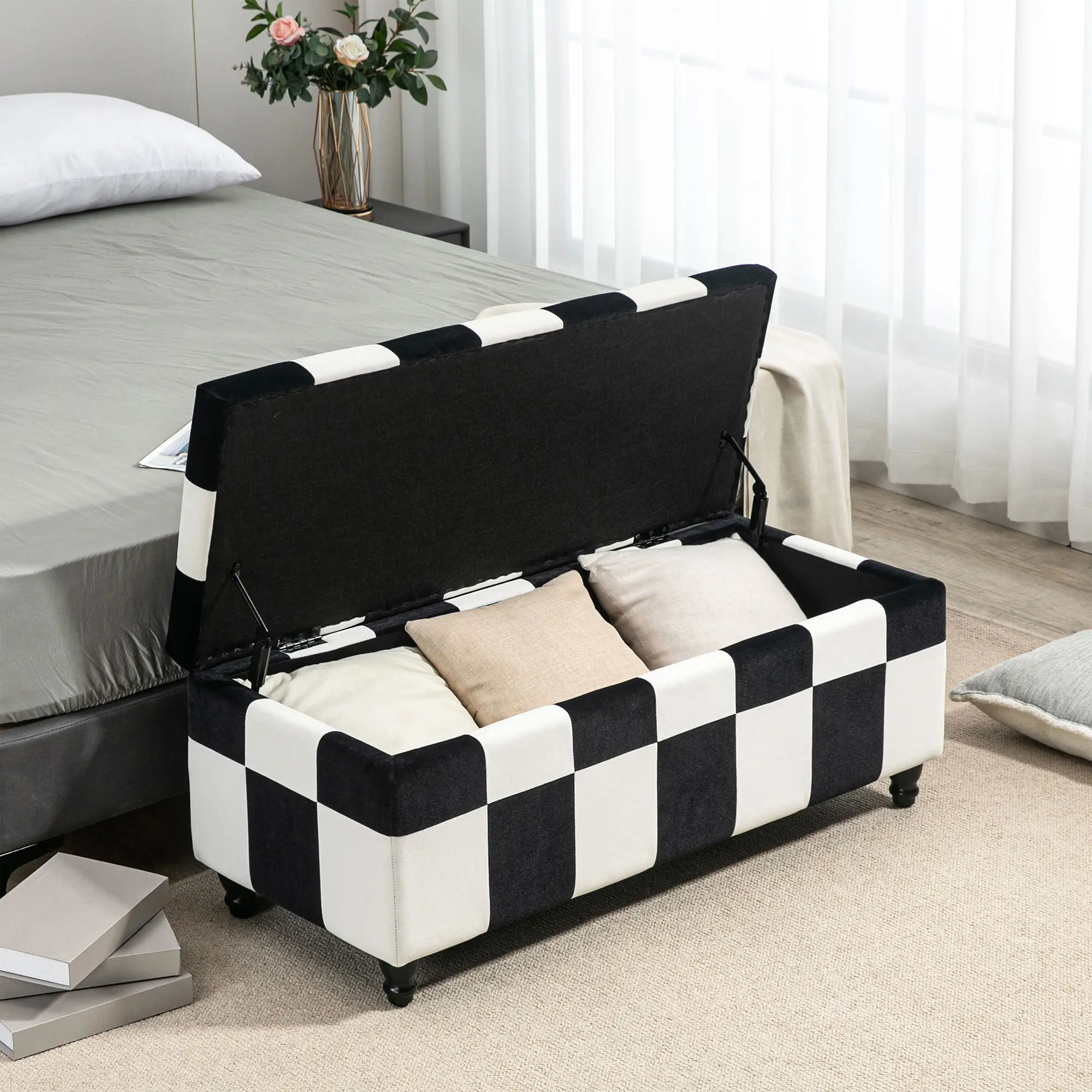 Velvet Storage Ottoman Bench 114 x 47 x 47cm - White, Black - 8