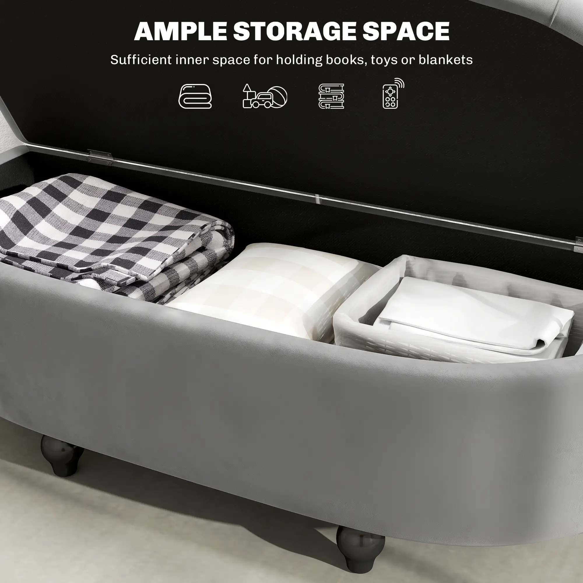 Velvet Storage Ottoman Bench 42 x 120 x 46cm - Dark Grey - 4