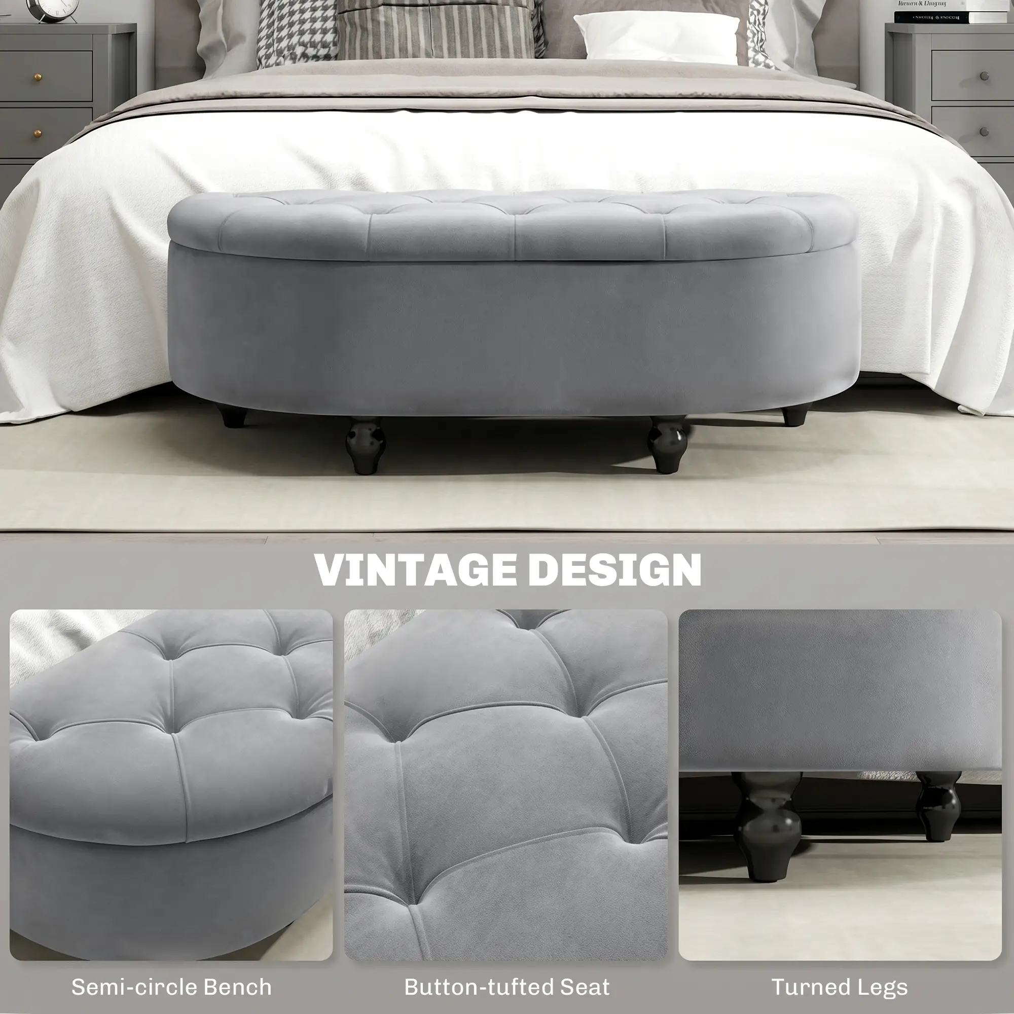Velvet Storage Ottoman Bench 42 x 120 x 46cm - Dark Grey - 6