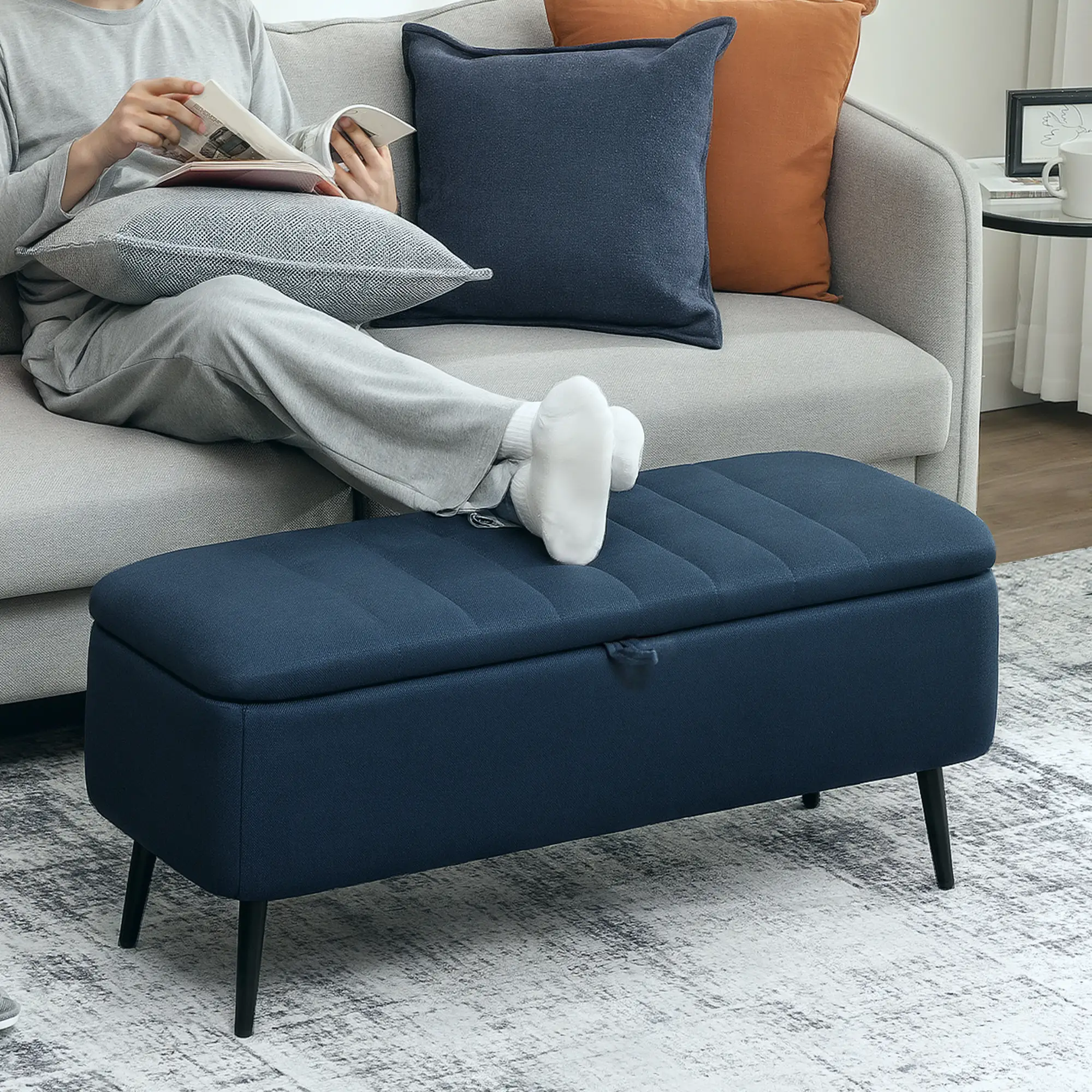 Linen Storage Ottoman Bench 102 x 40 x 44cm - Dark Blue - 2