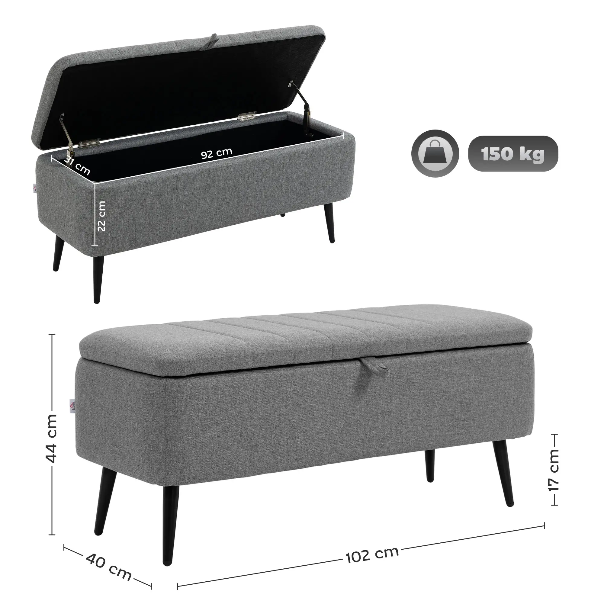 Linen Storage Ottoman Bench 102 x 40 x 44cm - Grey - 3
