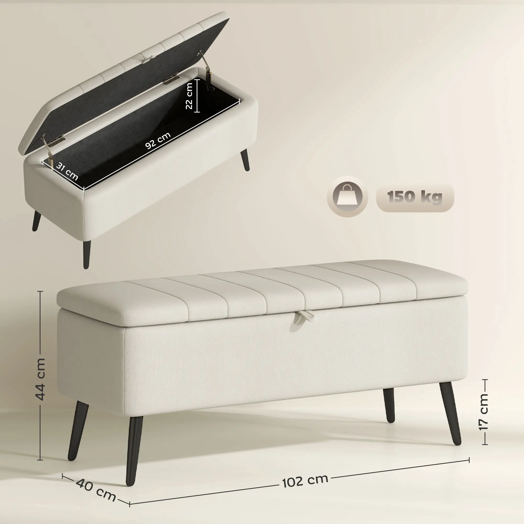 Linen Storage Ottoman Bench 102 x 40 x 44cm - Cream White - 3