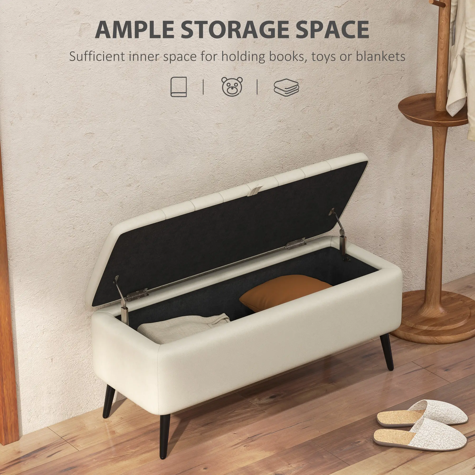 Linen Storage Ottoman Bench 102 x 40 x 44cm - Cream White - 4