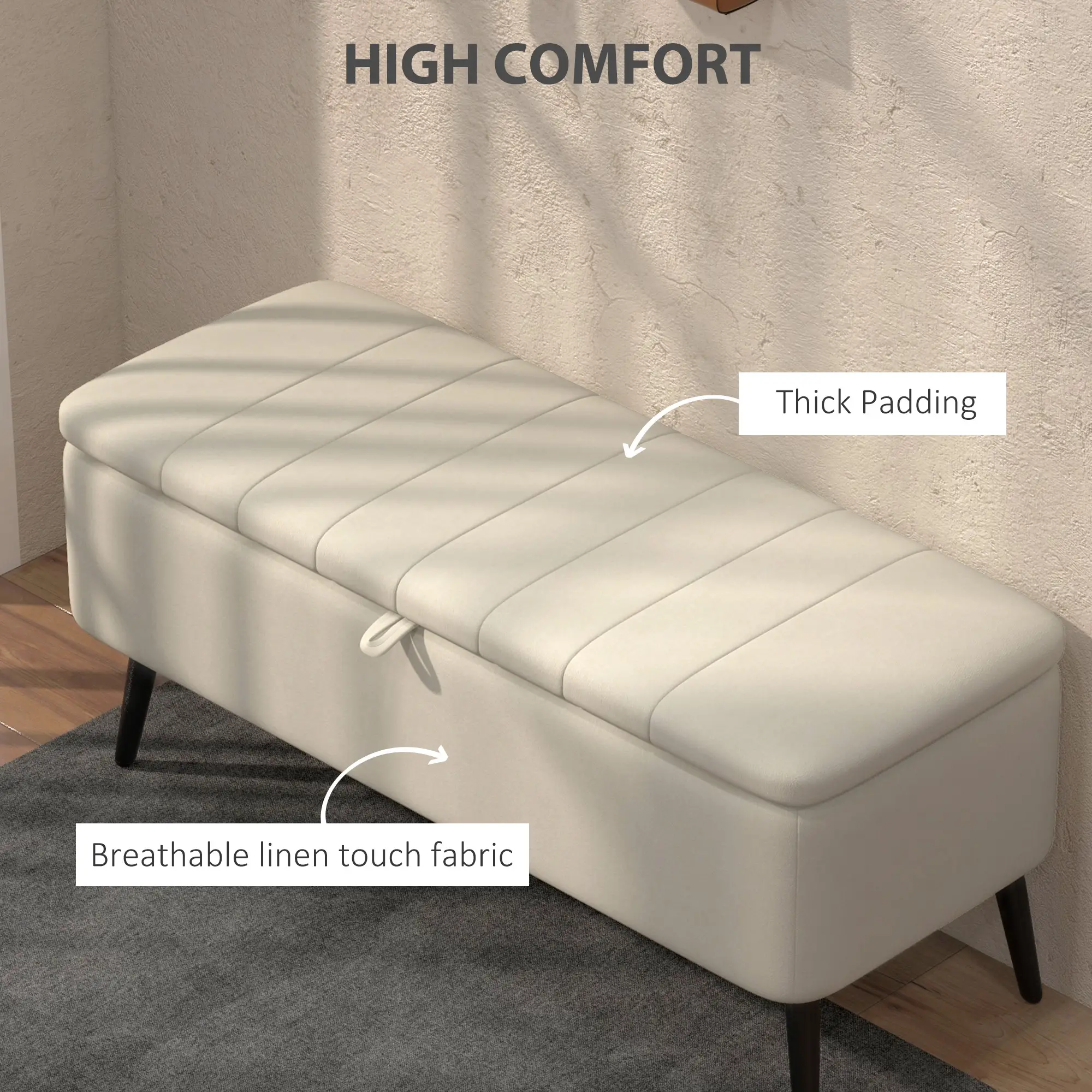 Linen Storage Ottoman Bench 102 x 40 x 44cm - Cream White - 5