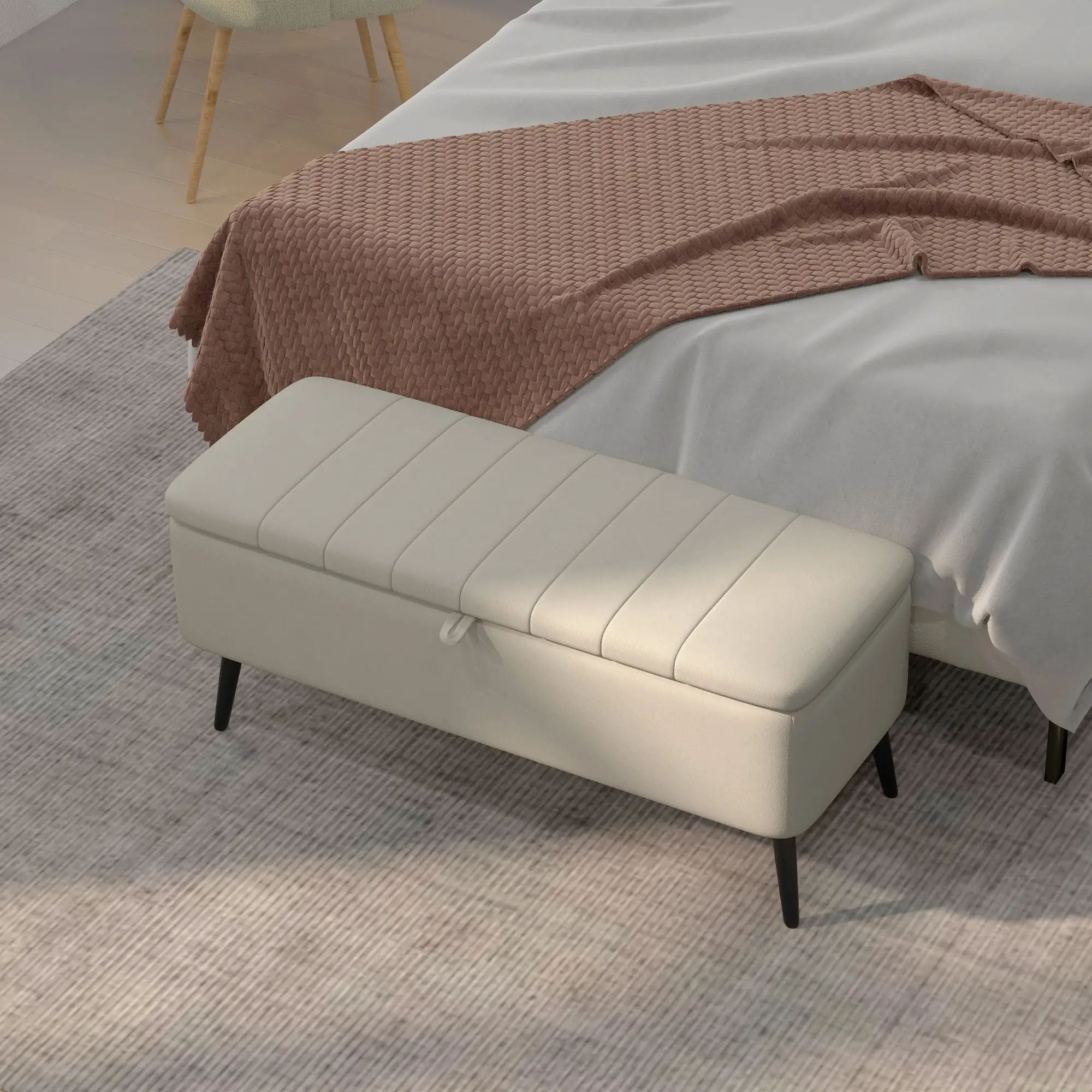 Linen Storage Ottoman Bench 102 x 40 x 44cm - Cream White - 7