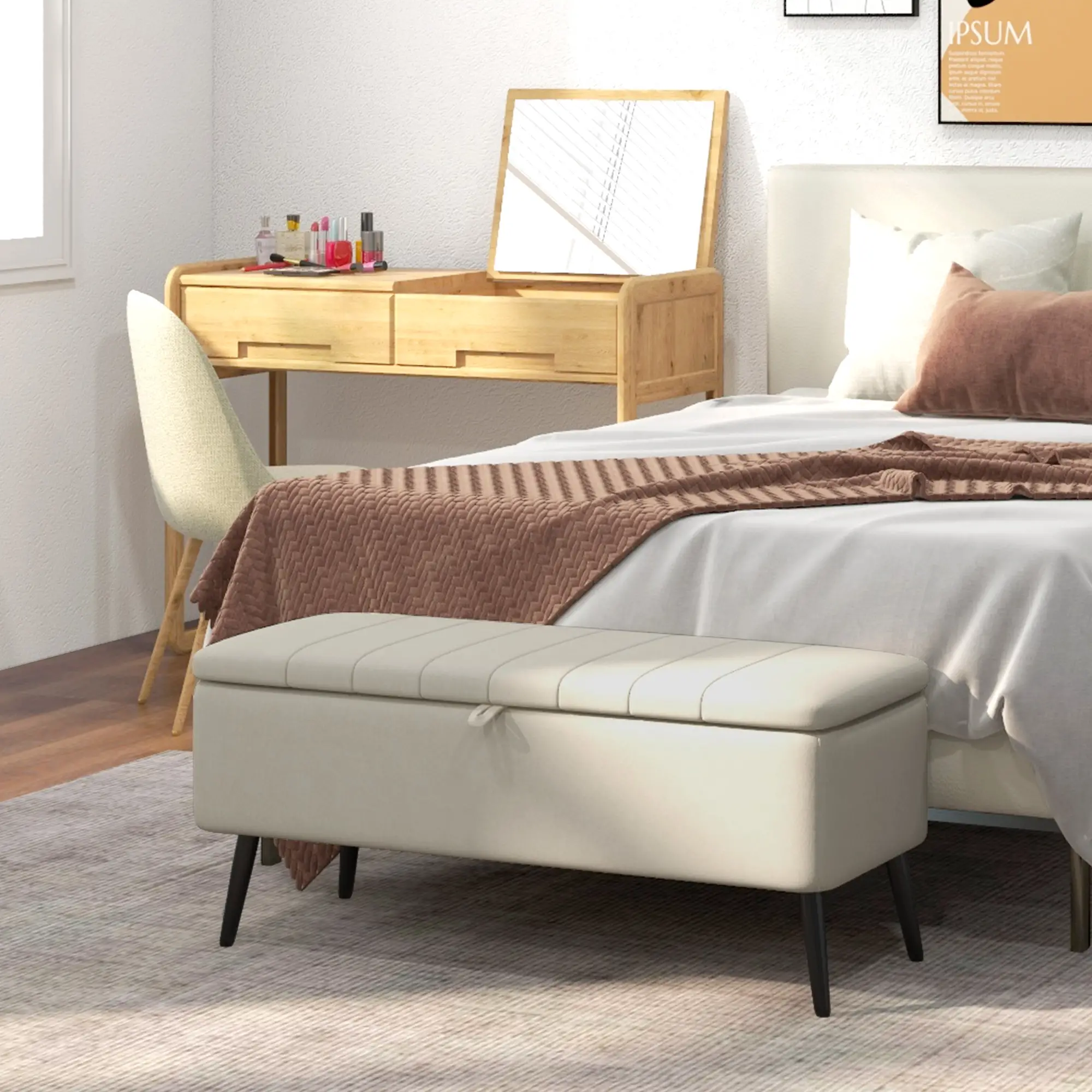 Linen Storage Ottoman Bench 102 x 40 x 44cm - Cream White - 10
