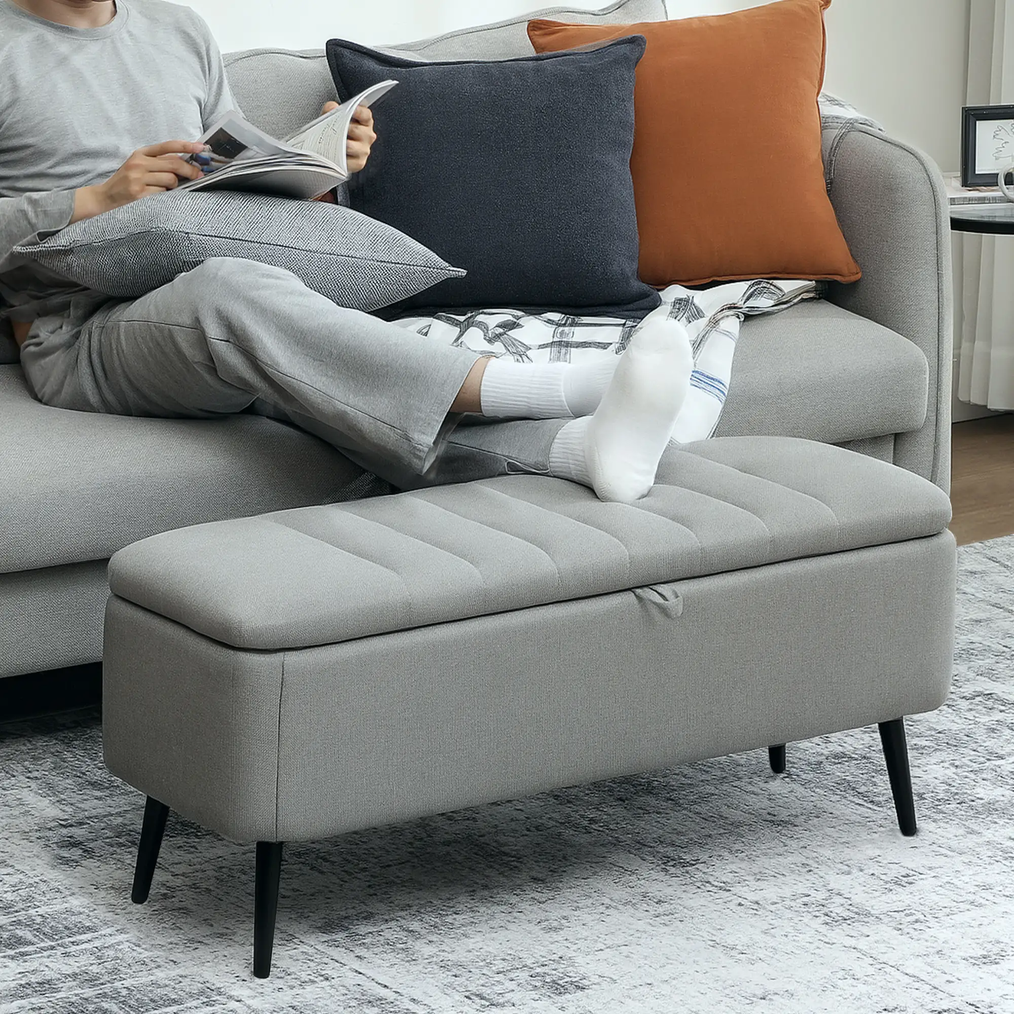 Linen Storage Ottoman Bench 102 x 40 x 44cm - Light Grey - 2