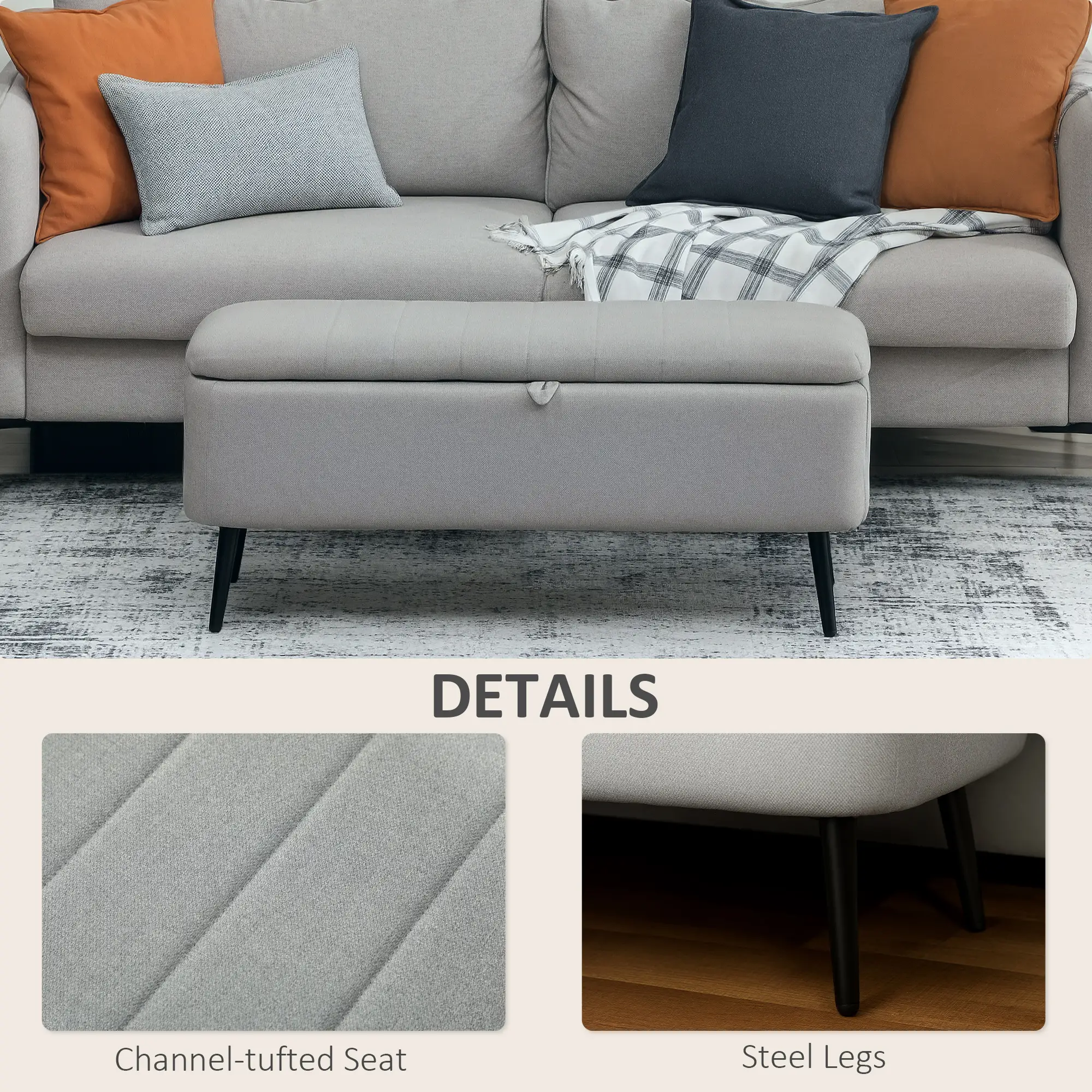 Linen Storage Ottoman Bench 102 x 40 x 44cm - Light Grey - 6