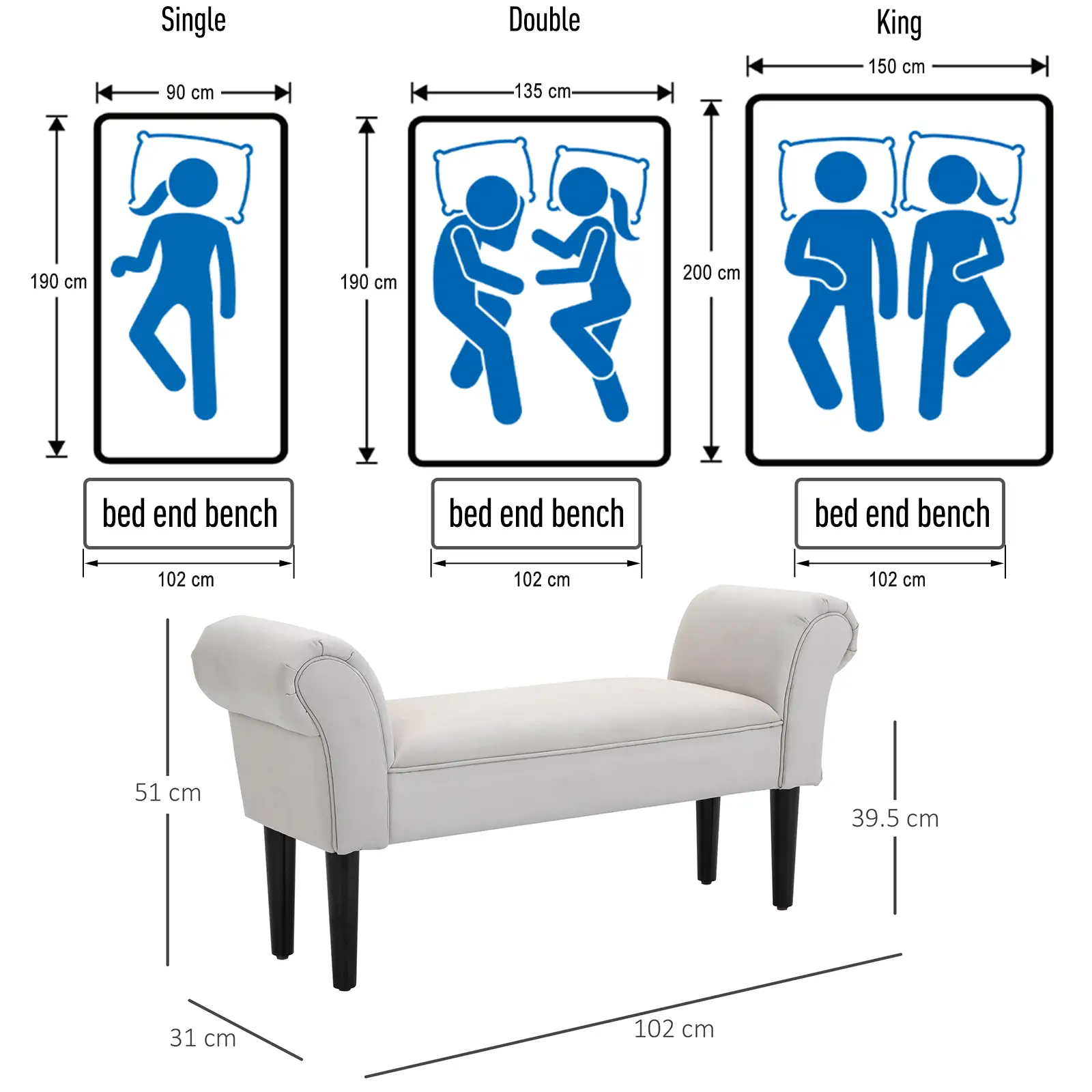 Ottoman Bench 102 x 36 x 51cm, Greyish White - Greyish White - 5