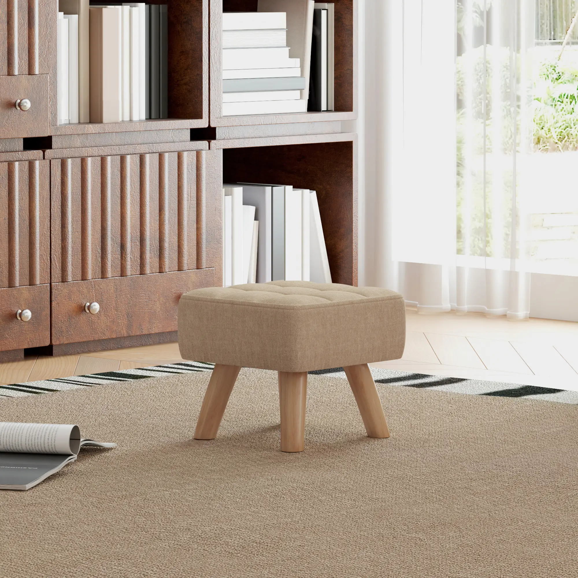 Square Linen Footstool 27 x 27 x 26cm, Light Brown - Light Brown - 2