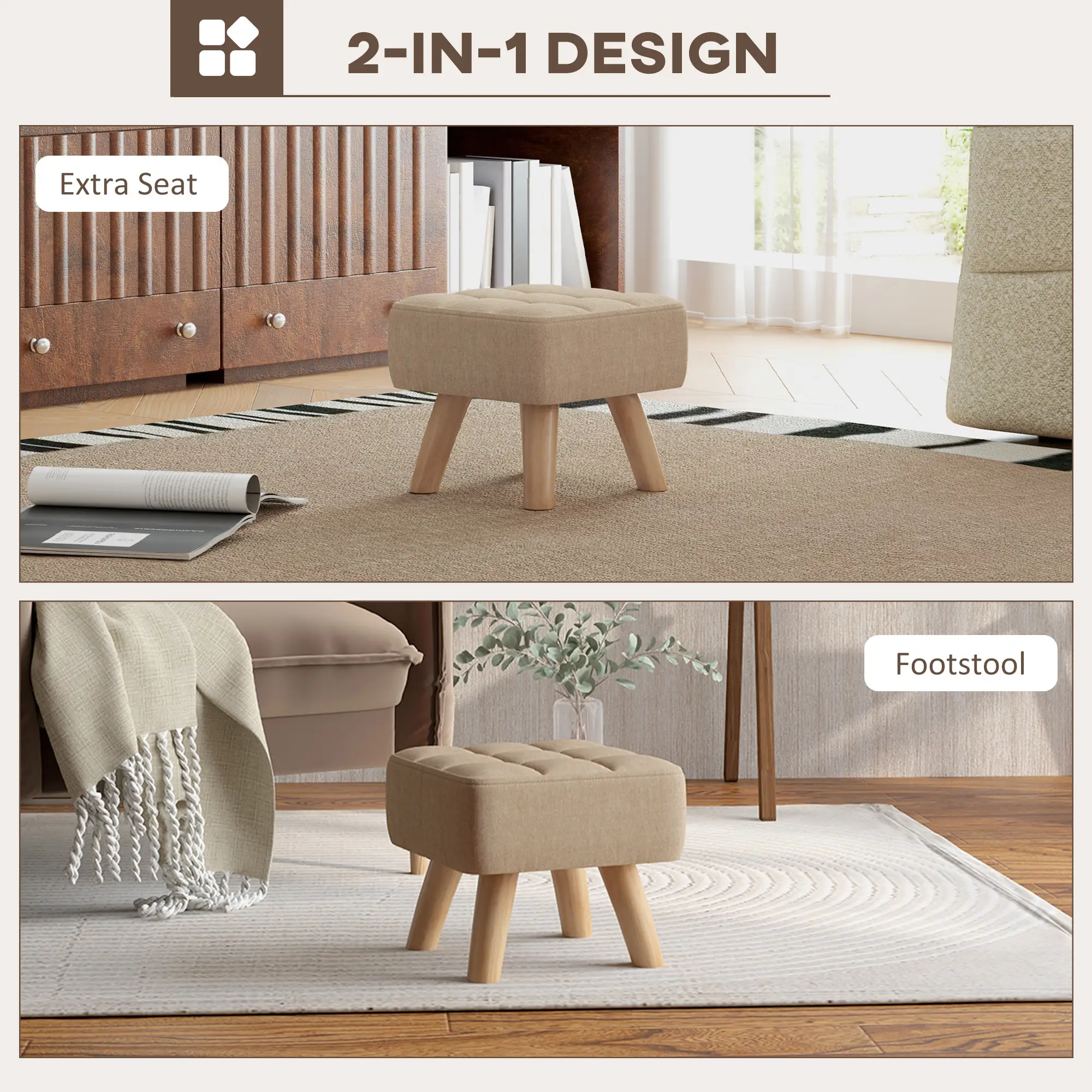 Square Linen Footstool 27 x 27 x 26cm, Light Brown - Light Brown - 4