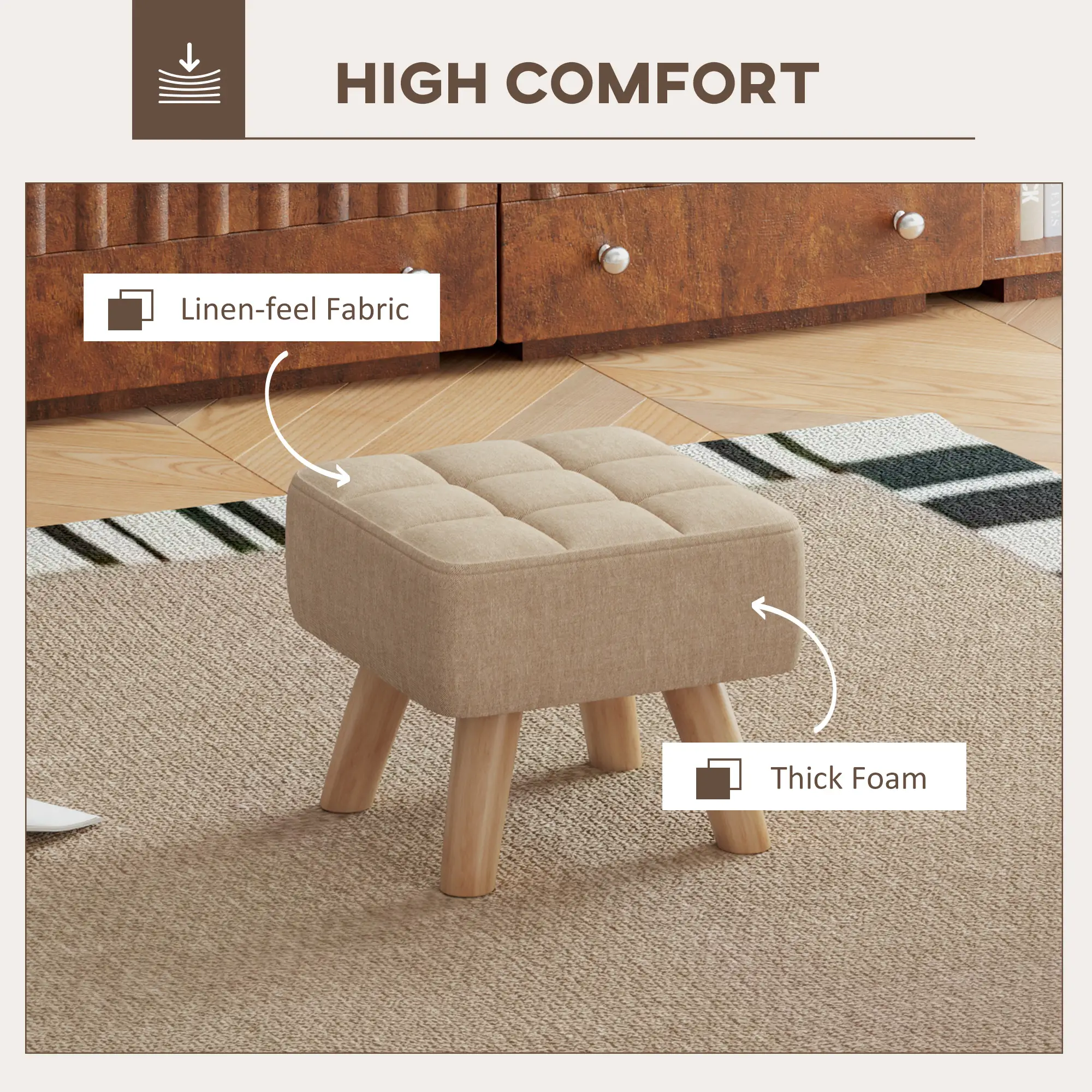 Square Linen Footstool 27 x 27 x 26cm, Light Brown - Light Brown - 5