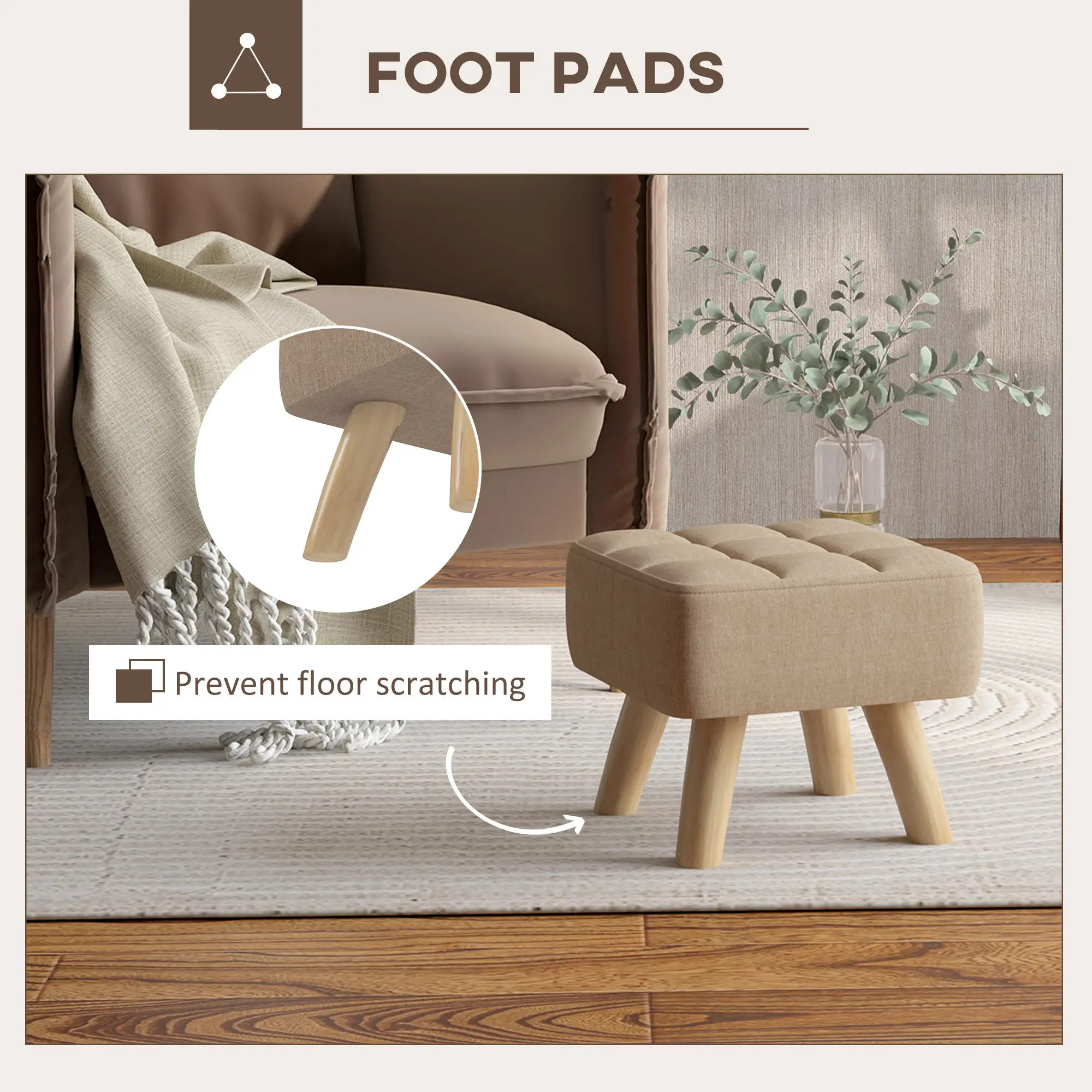 Square Linen Footstool 27 x 27 x 26cm, Light Brown - Light Brown - 6