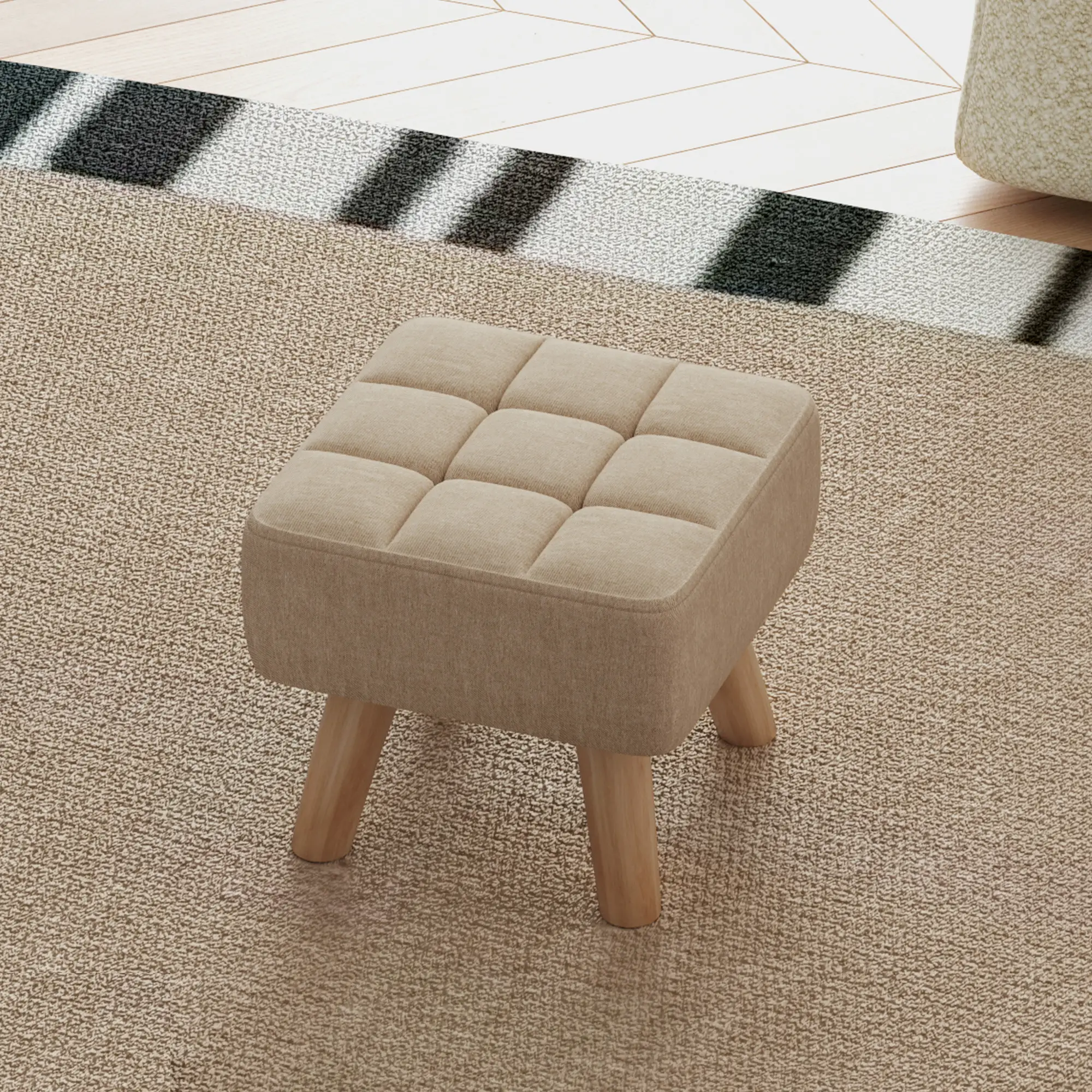 Square Linen Footstool 27 x 27 x 26cm, Light Brown - Light Brown - 7