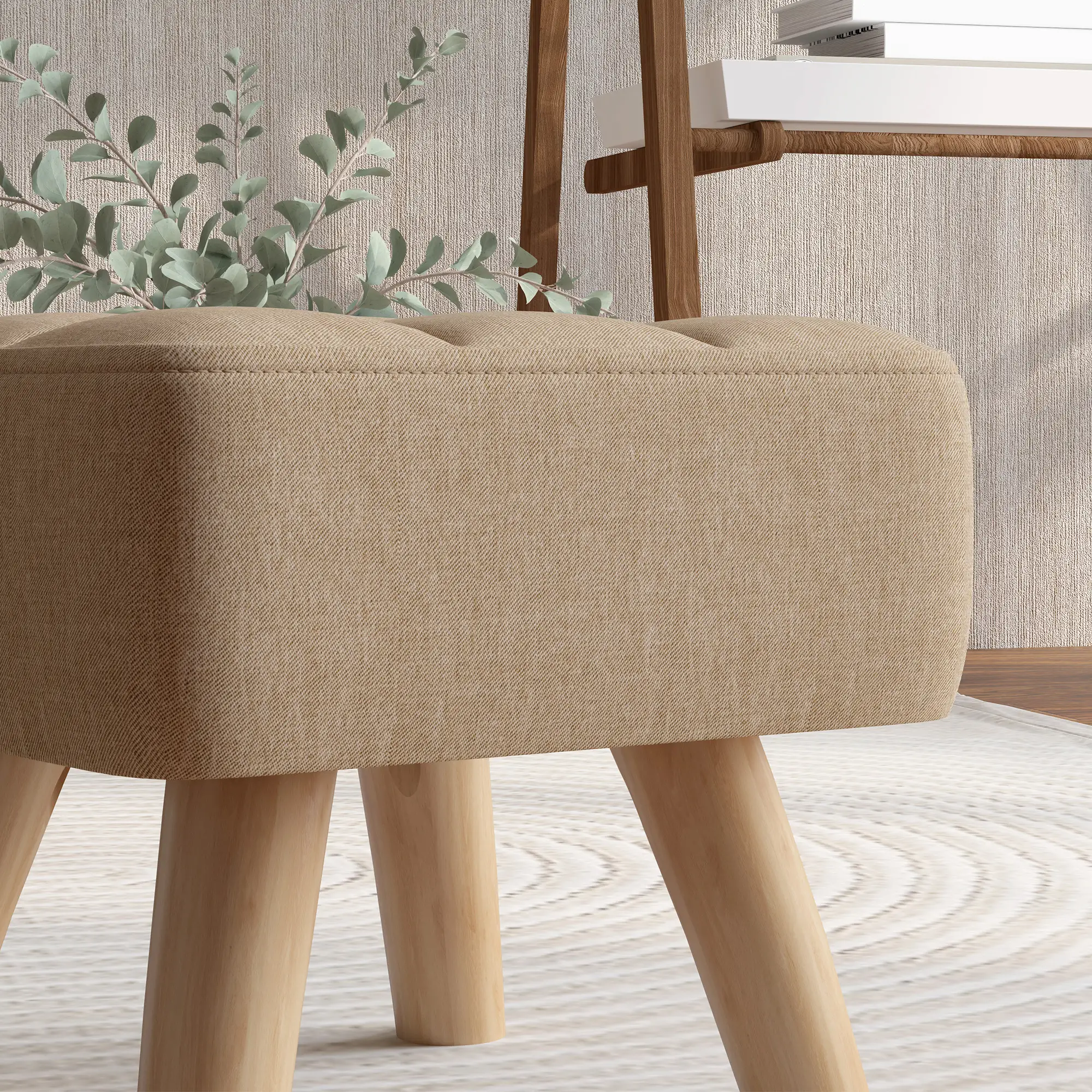Square Linen Footstool 27 x 27 x 26cm, Light Brown - Light Brown - 8