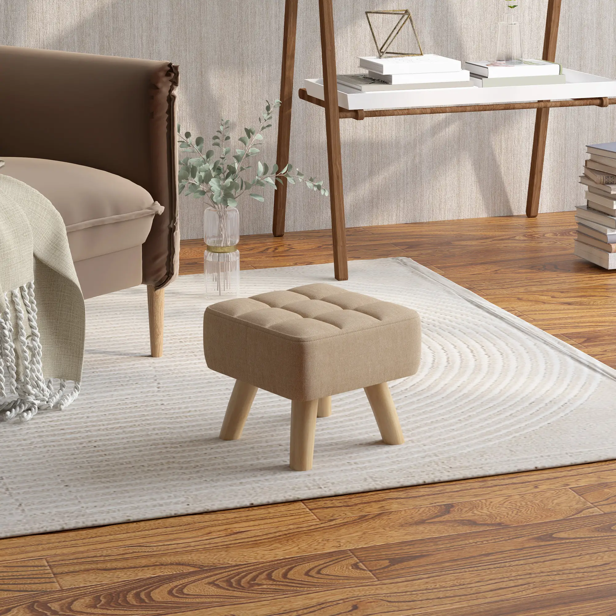 Square Linen Footstool 27 x 27 x 26cm, Light Brown - Light Brown - 10