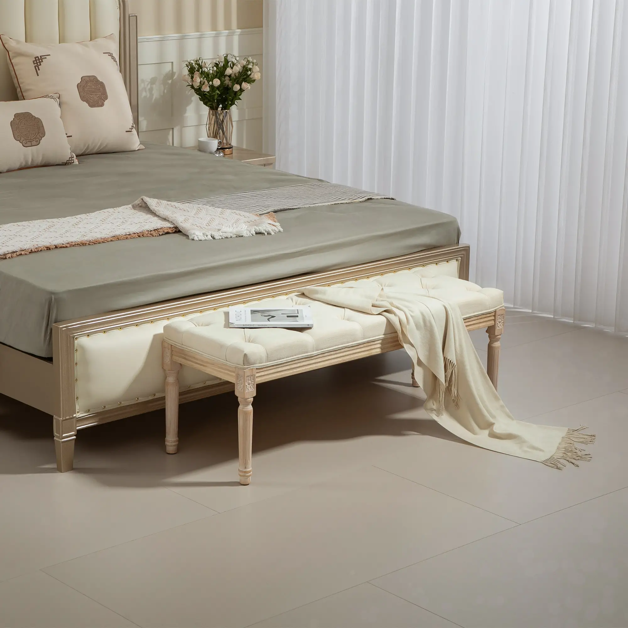 Linen Ottoman Bench 43 x 115 x 40cm, Cream White - Cream White - 2